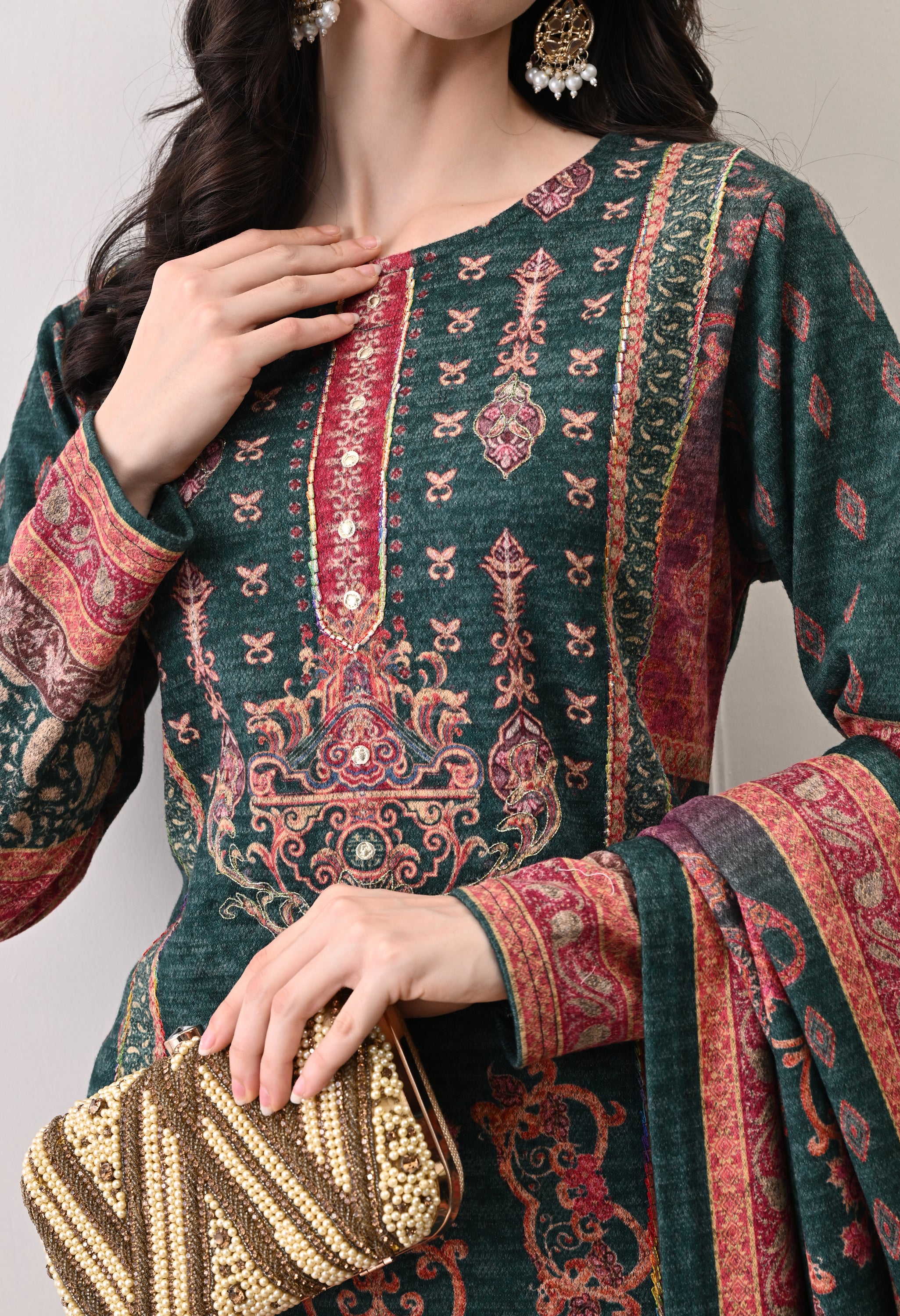 Green with Pink Ombre Digital Print Suit with Zari Work Detailing - Set of 3
