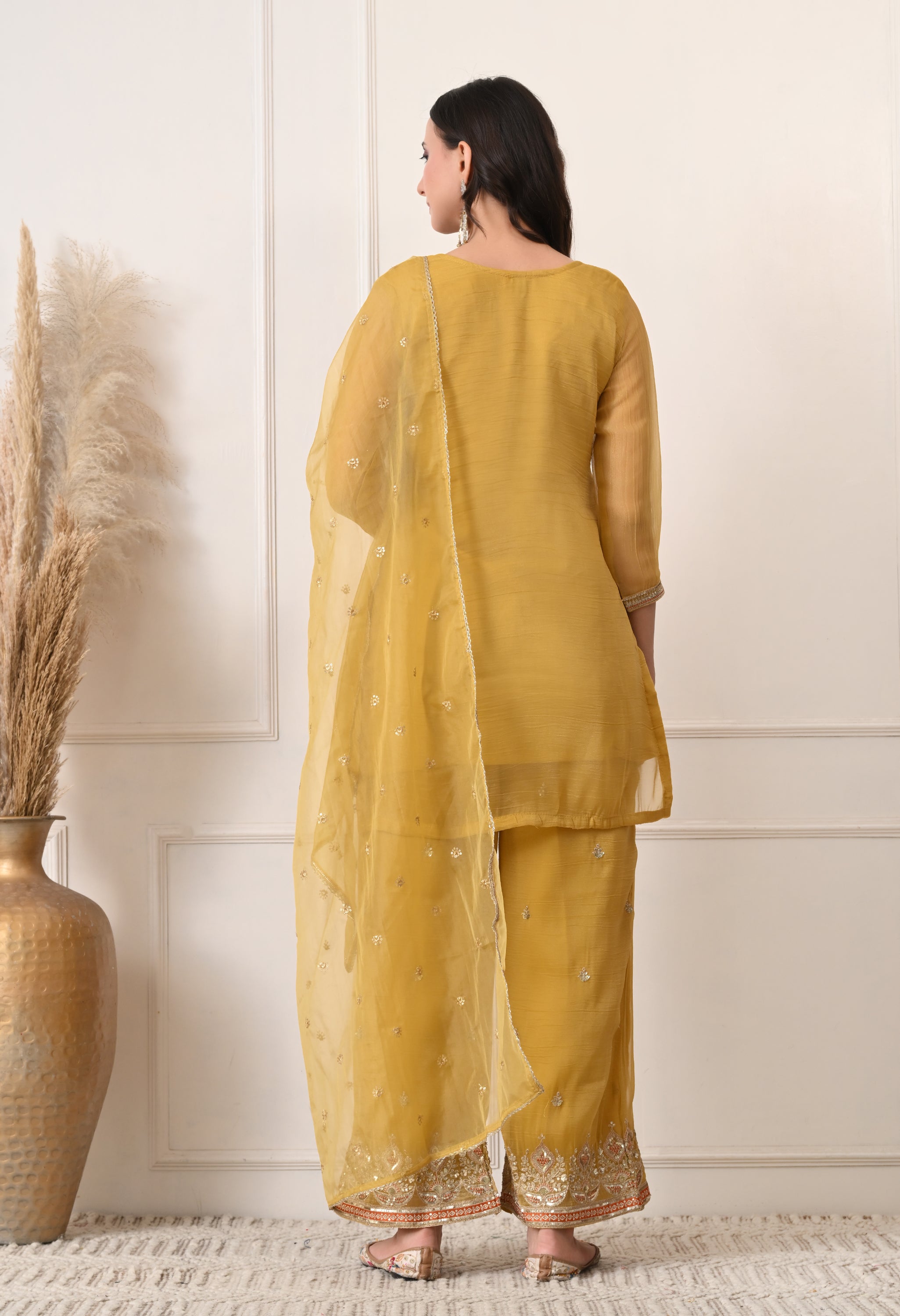 Golden Crush Shimmer Tissue Zari Embroidered Suit- Set of 3