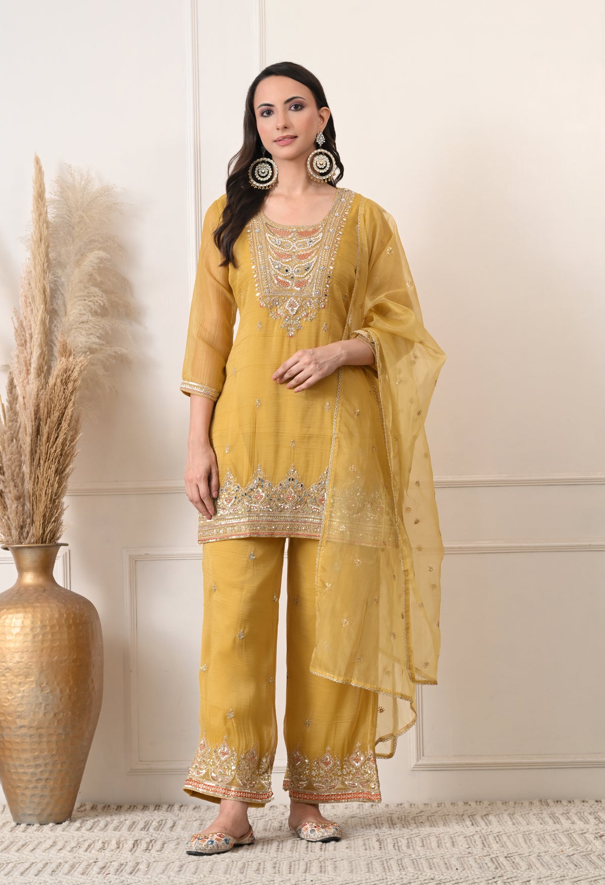 Golden Crush Shimmer Tissue Zari Embroidered Suit- Set of 3
