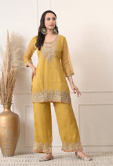 Golden Crush Shimmer Tissue Zari Embroidered Suit- Set of 3