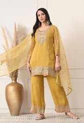 Golden Crush Shimmer Tissue Zari Embroidered Suit- Set of 3