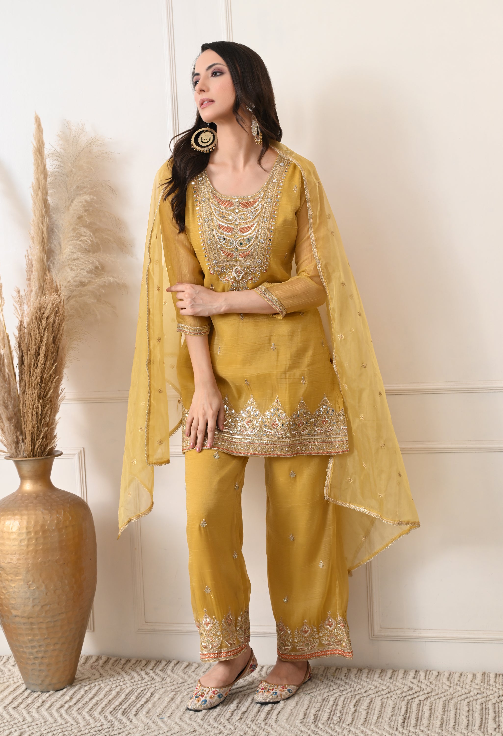 Golden Crush Shimmer Tissue Zari Embroidered Suit- Set of 3
