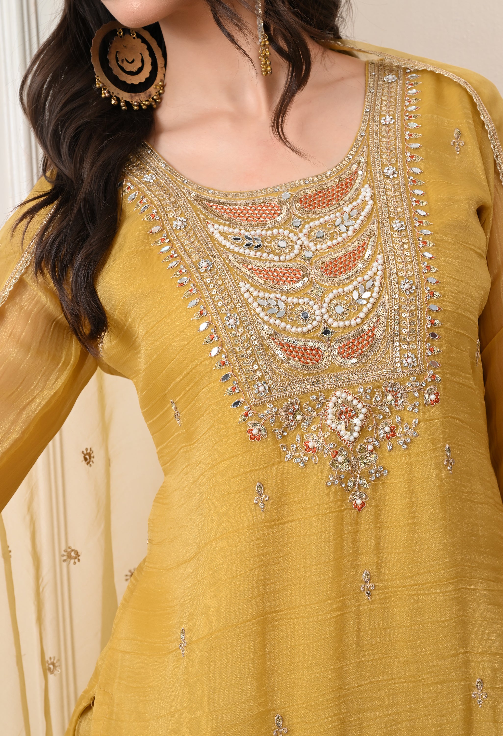 Golden Crush Shimmer Tissue Zari Embroidered Suit- Set of 3