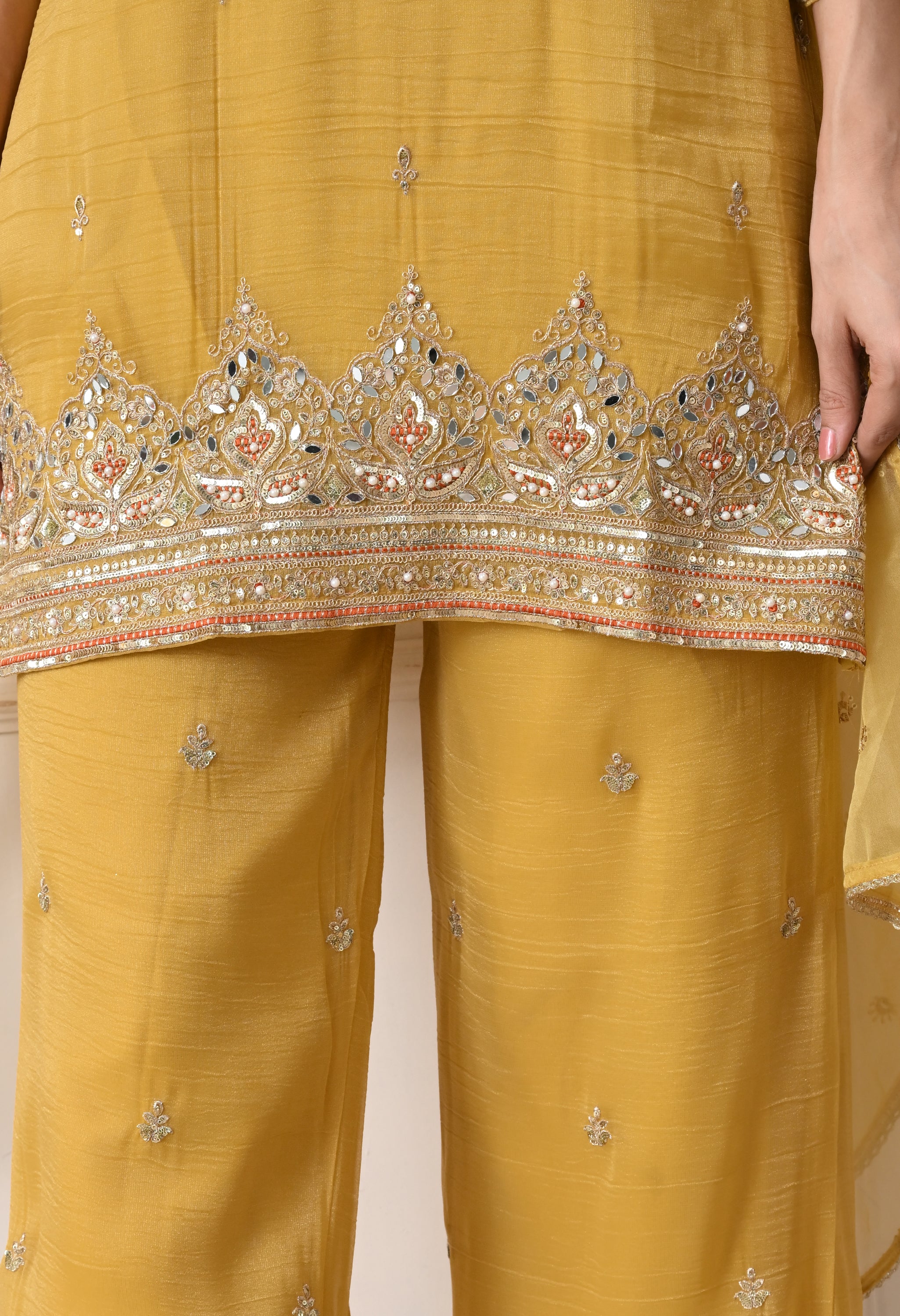 Golden Crush Shimmer Tissue Zari Embroidered Suit- Set of 3