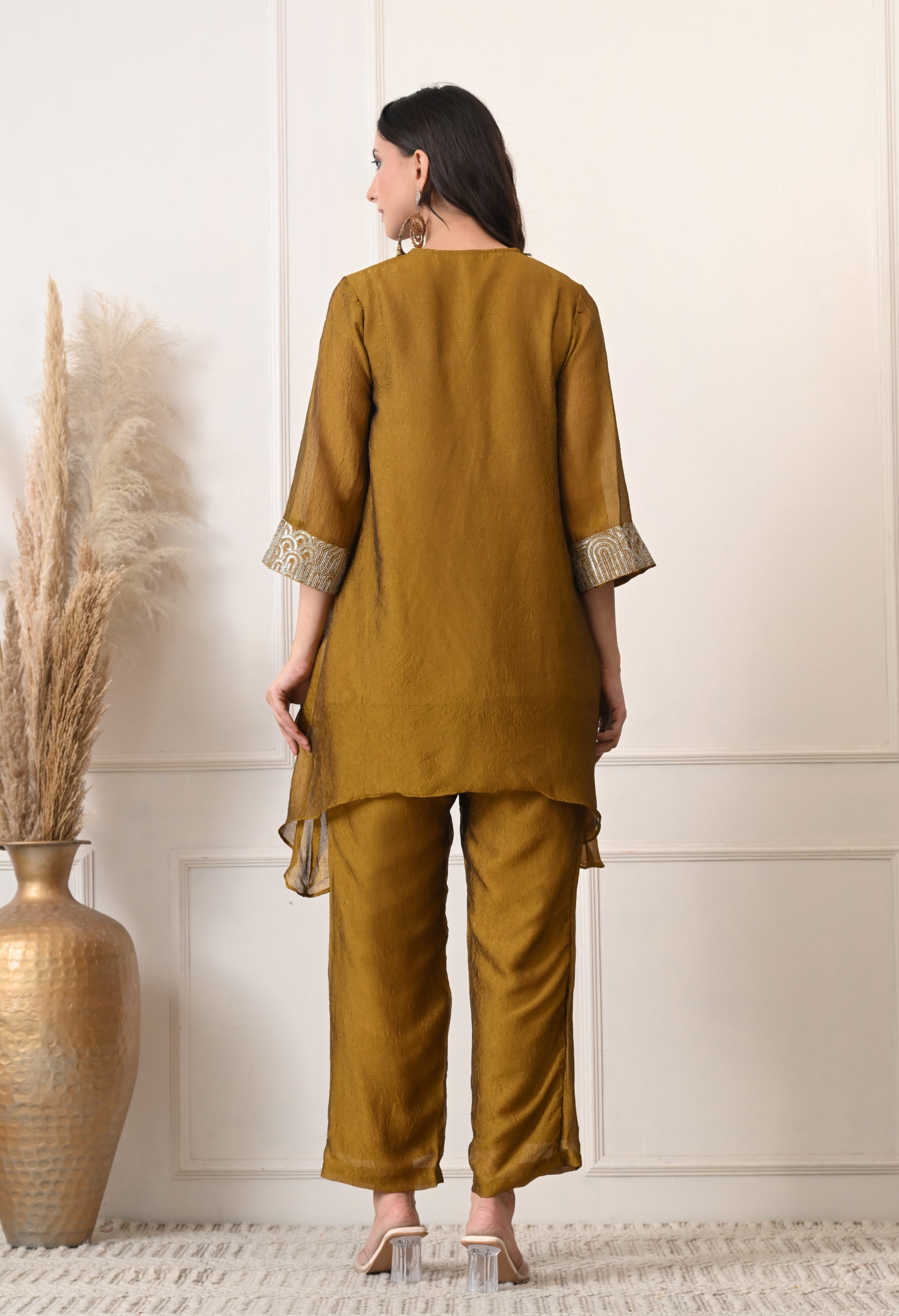 Golden Brown Crush Silk Sequin Work Co-ord Set- Set of 2