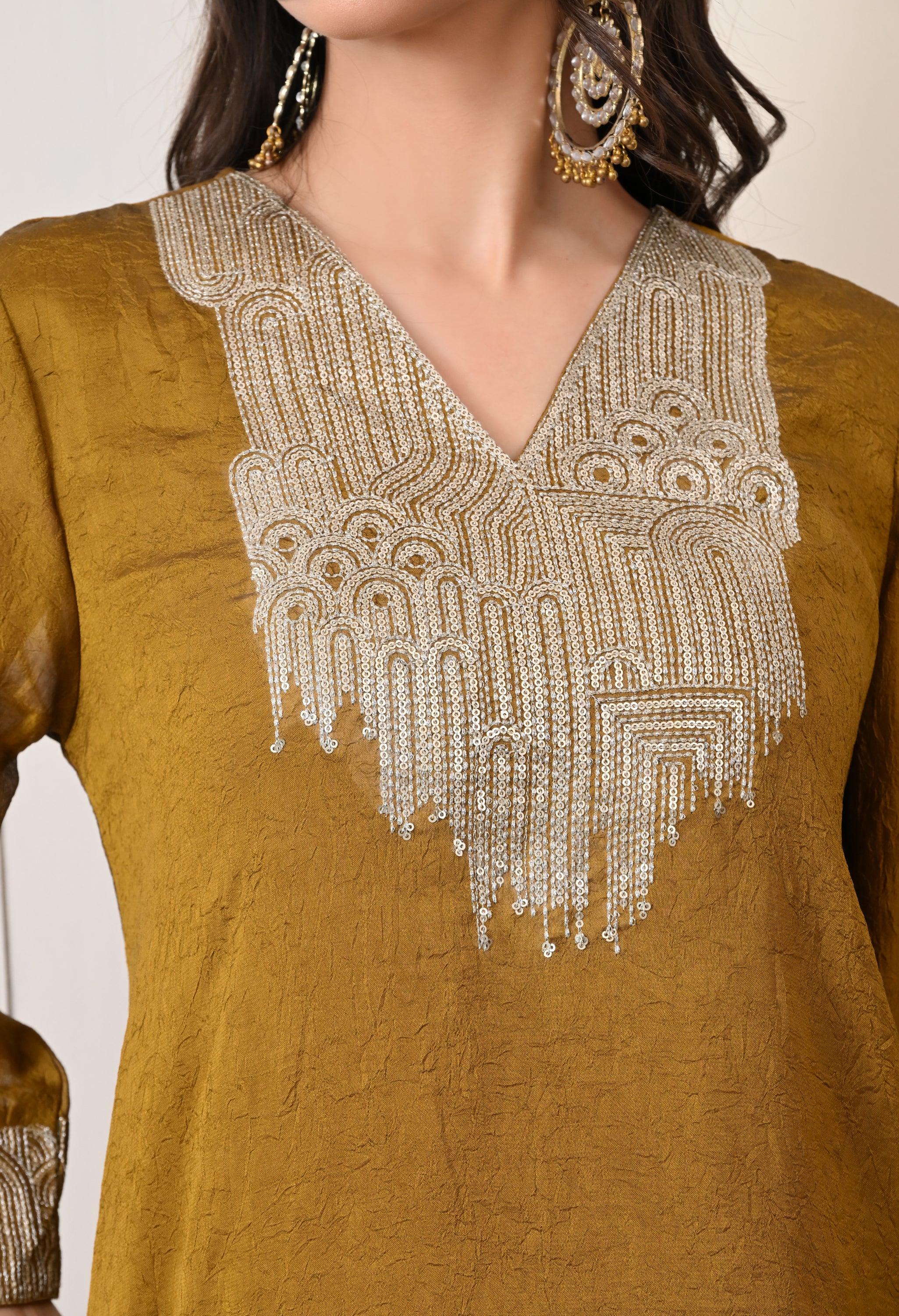 Golden Brown Crush Silk Sequin Work Co-ord Set- Set of 2