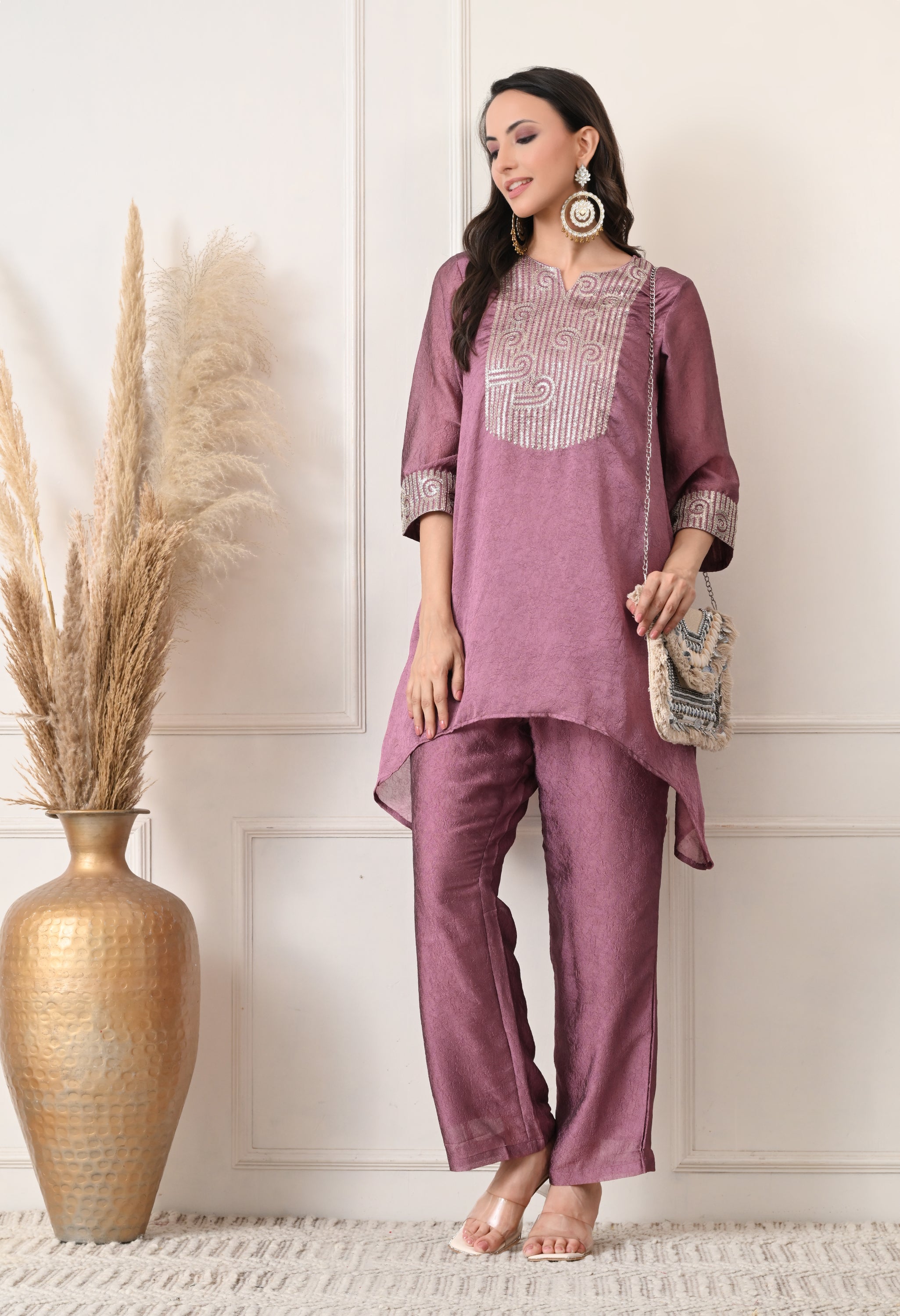 Blush Pink Crush Silk Sequin Work Co-ord Set- Set of 2