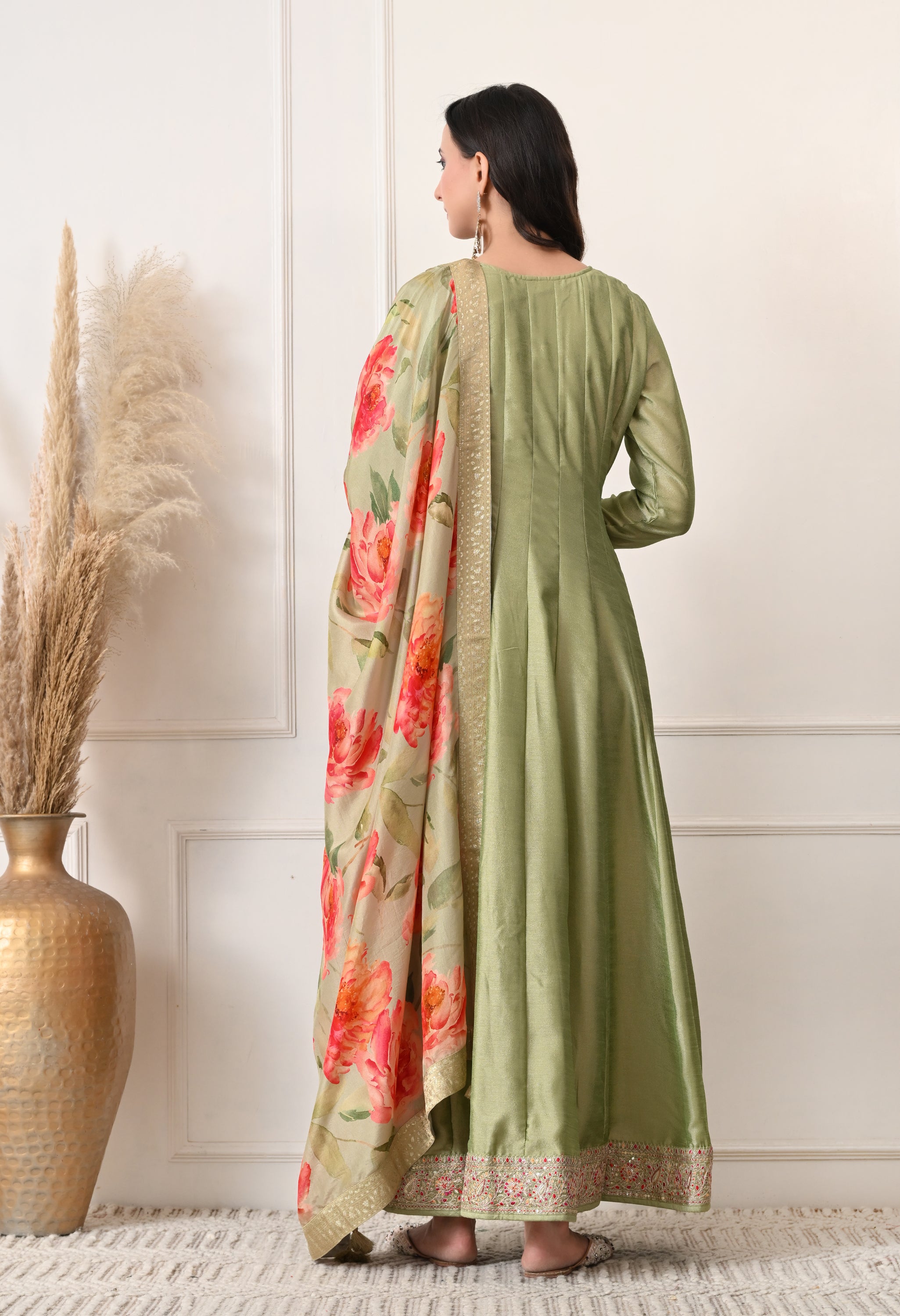Pista Green Shimmer Silk Embroidered Anarkali Suit- Set of 2