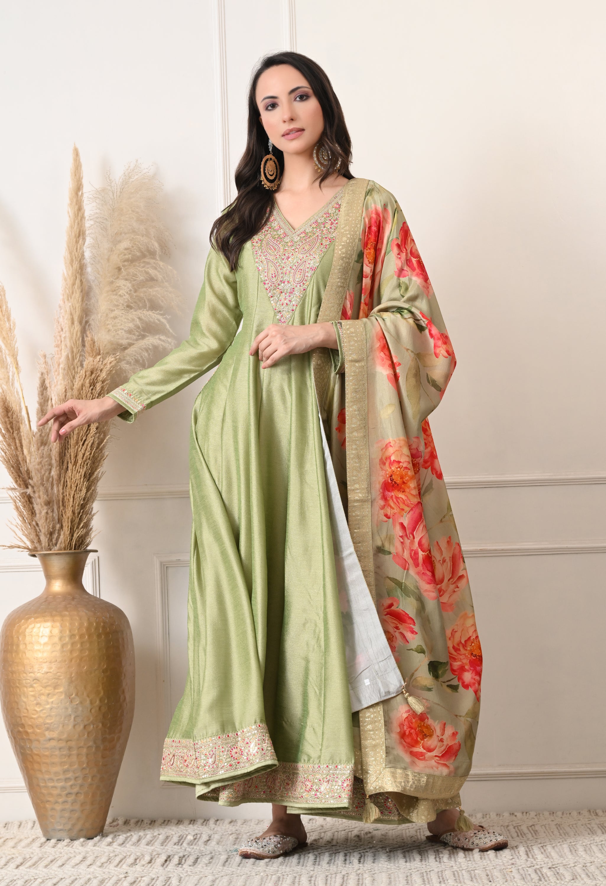 Pista Green Shimmer Silk Embroidered Anarkali Suit- Set of 2