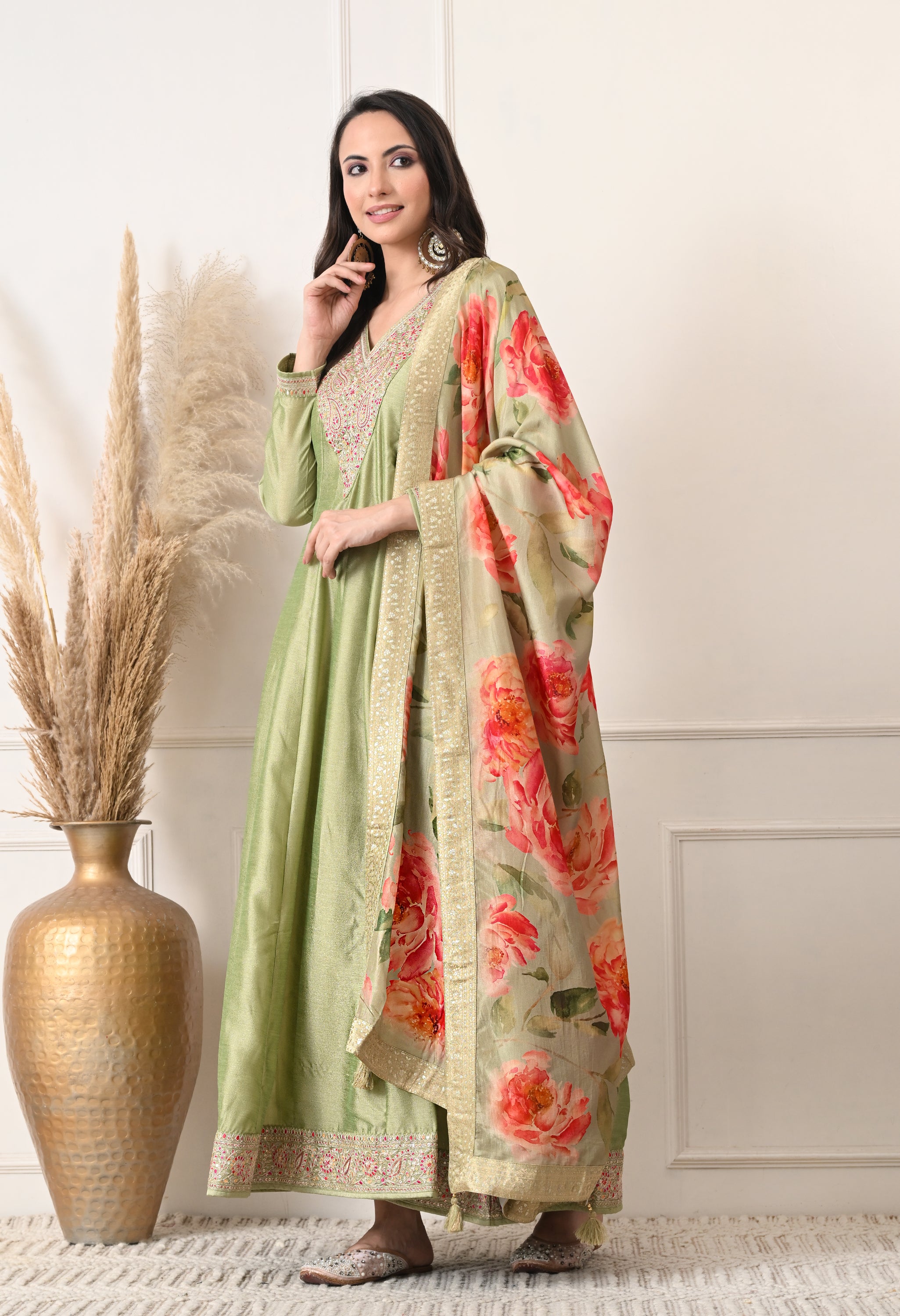 Pista Green Shimmer Silk Embroidered Anarkali Suit- Set of 2