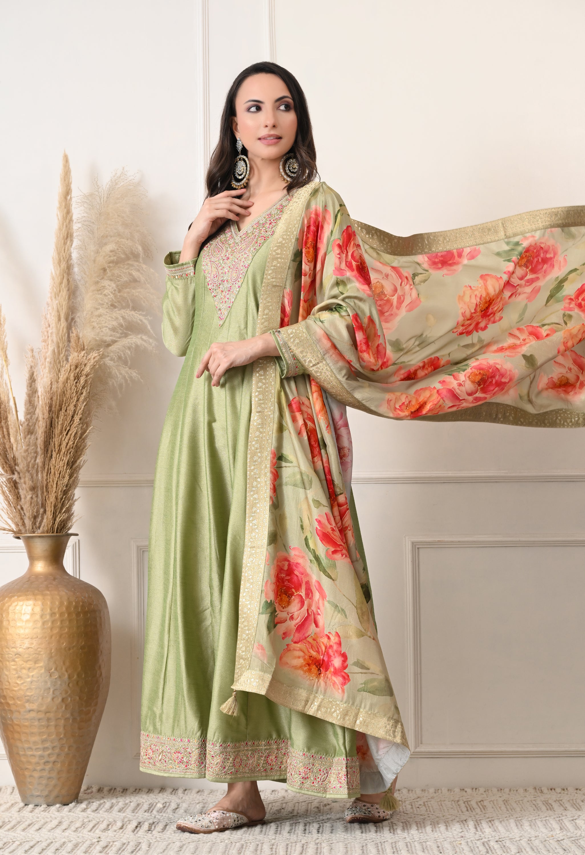 Pista Green Shimmer Silk Embroidered Anarkali Suit- Set of 2