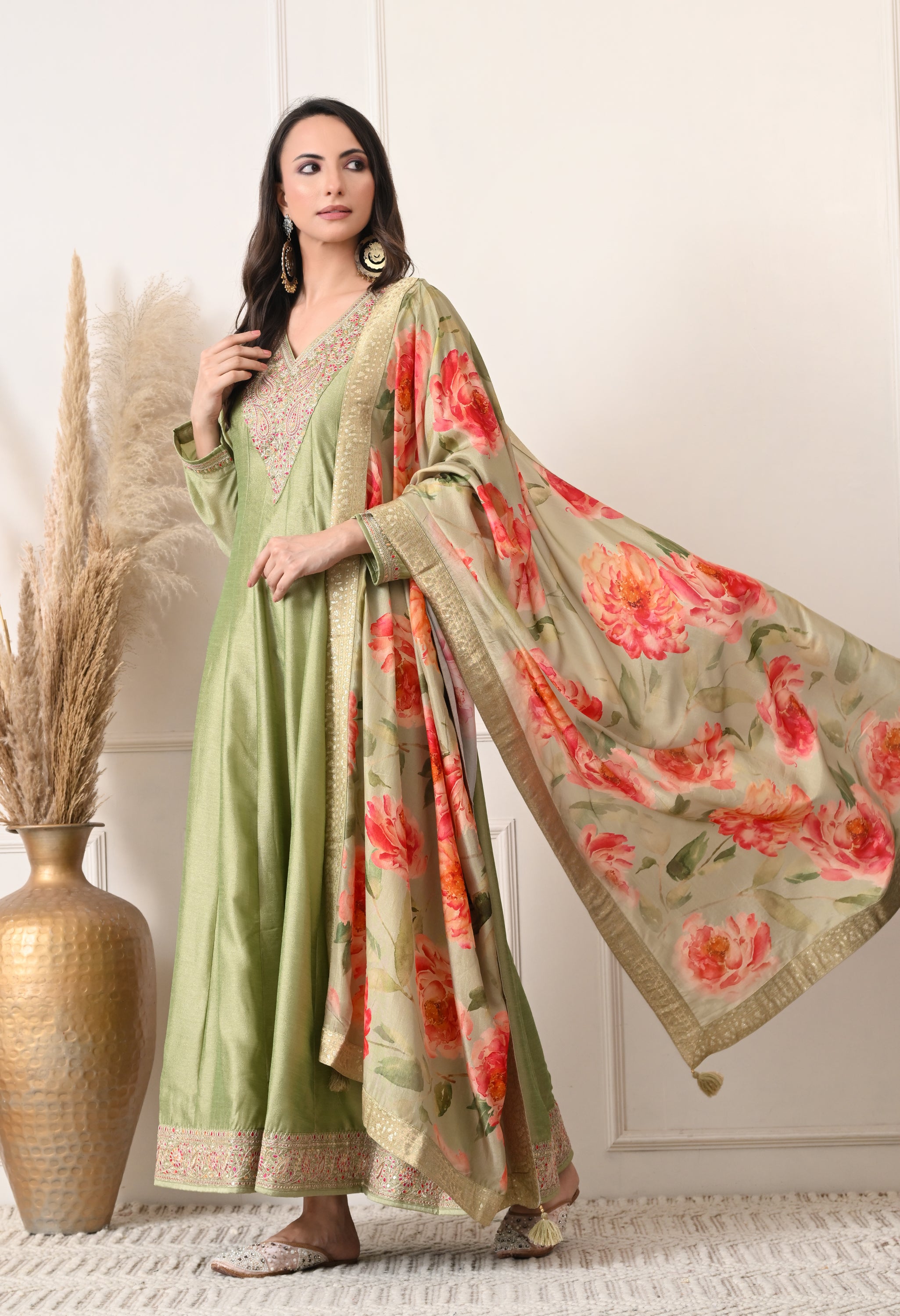 Pista Green Shimmer Silk Embroidered Anarkali Suit- Set of 2