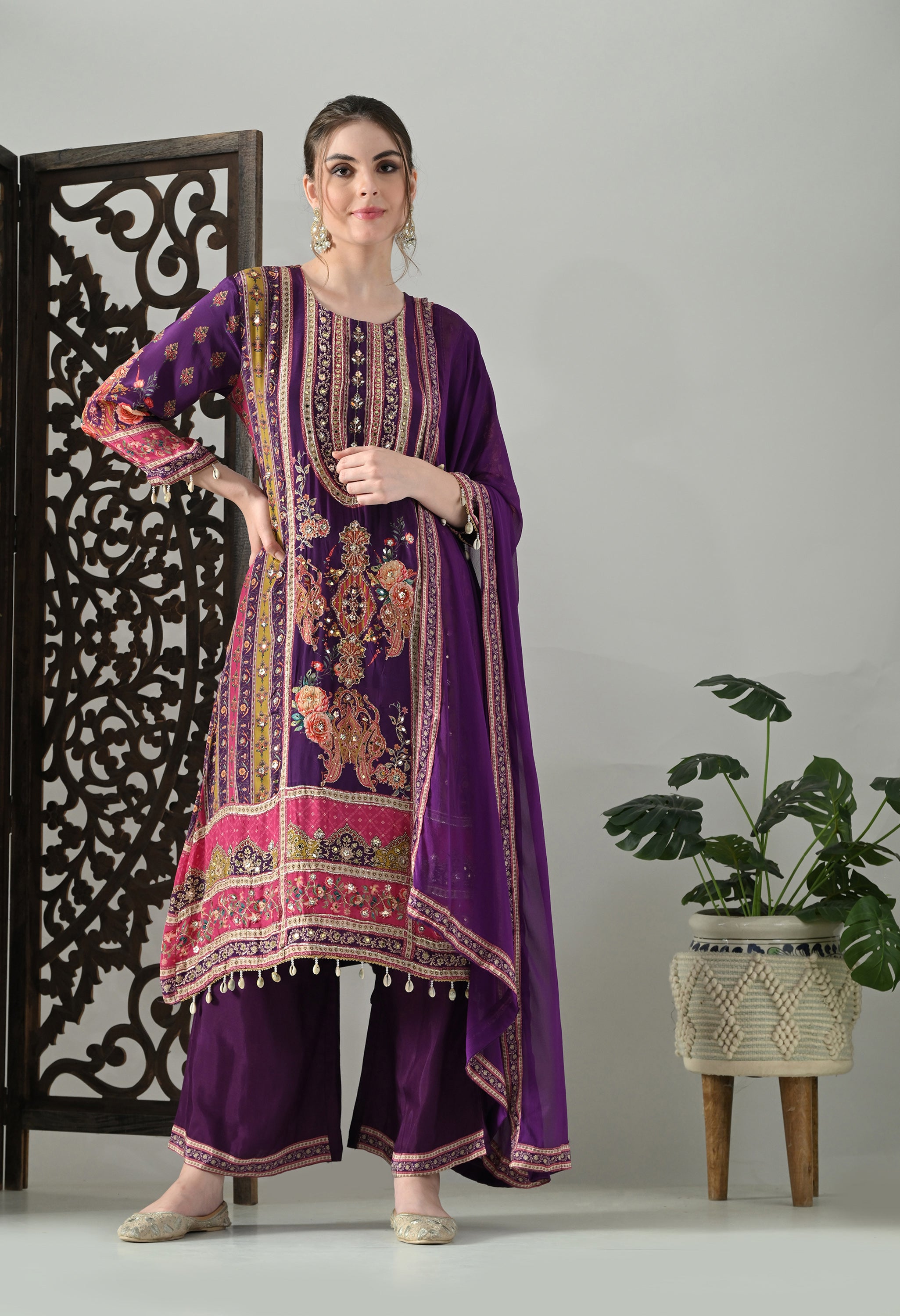 Purple Pure Crepe A-Line Digital Print with Zari Work Detailing Suit - Set of 3
