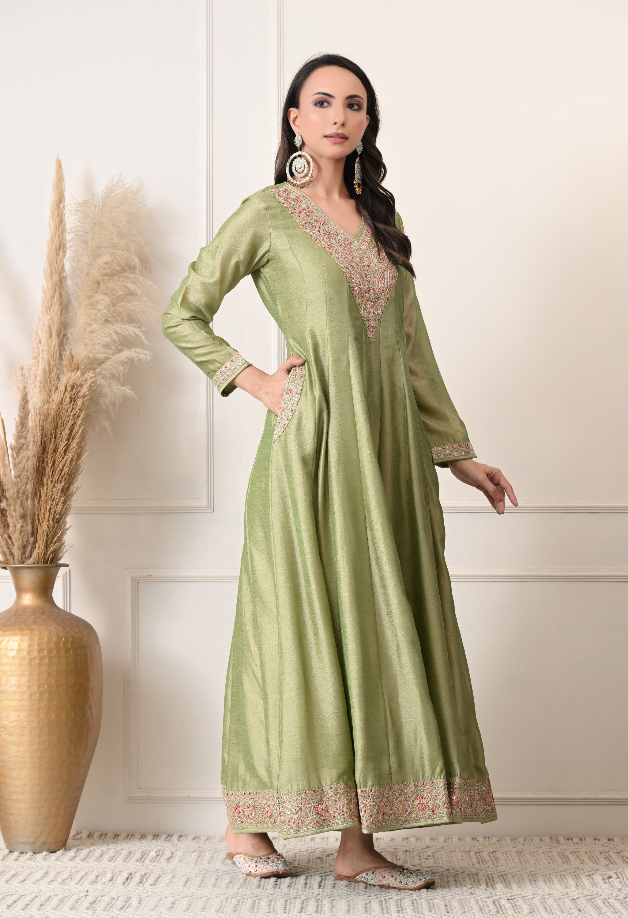 Pista Green Shimmer Silk Embroidered Anarkali Suit- Set of 2