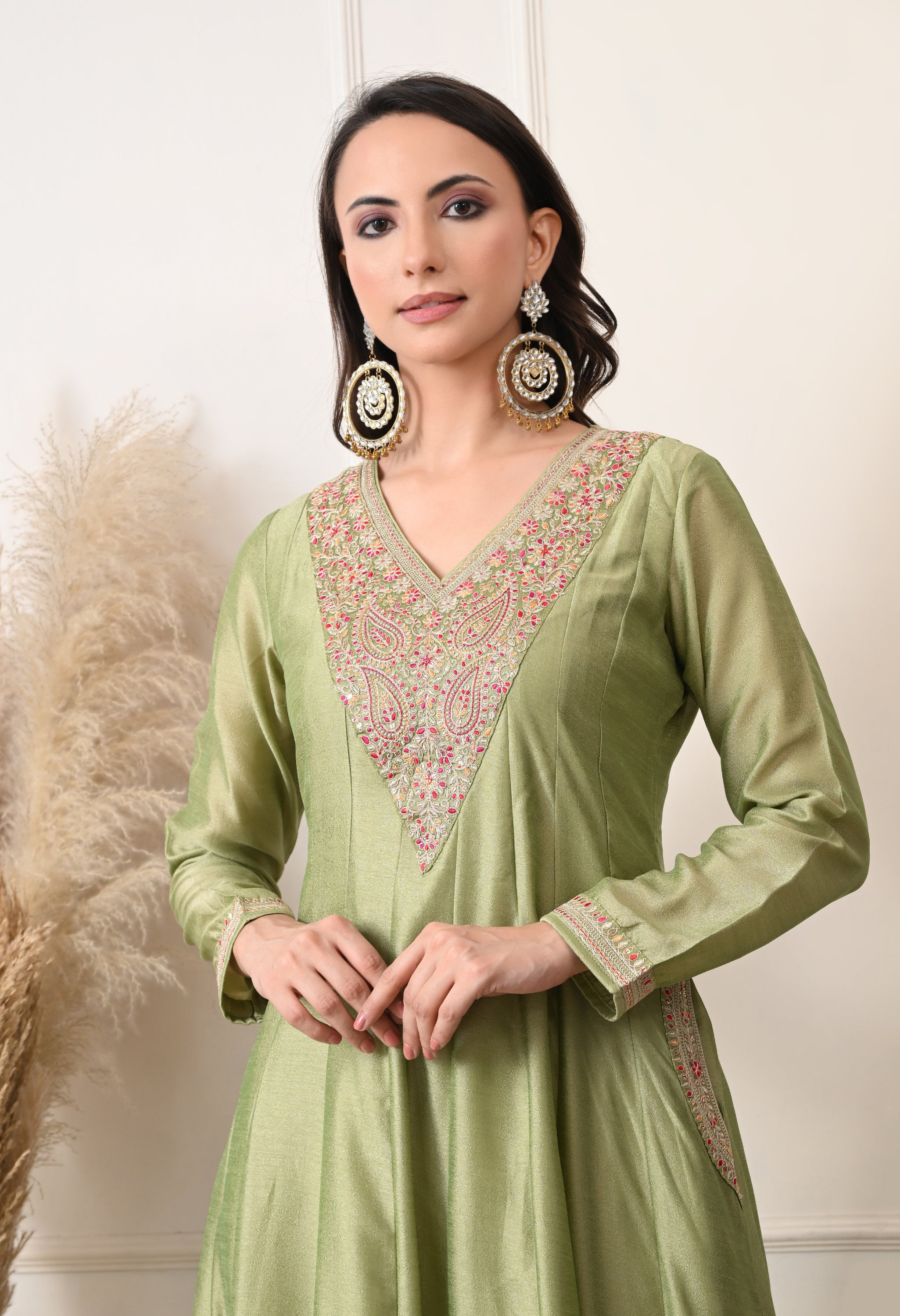 Pista Green Shimmer Silk Embroidered Anarkali Suit- Set of 2