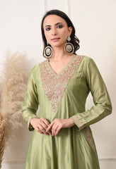 Pista Green Shimmer Silk Embroidered Anarkali Suit- Set of 2