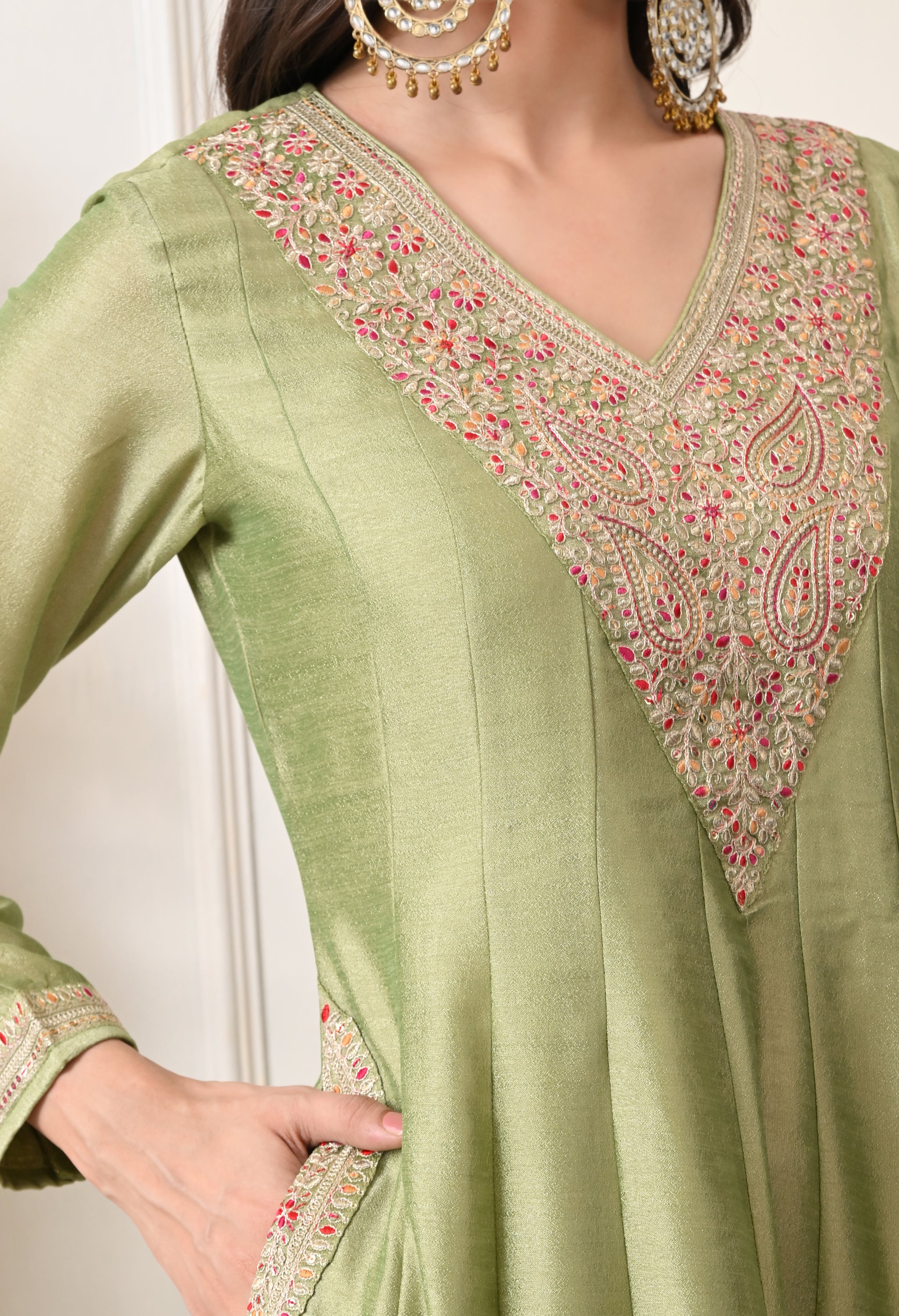 Pista Green Shimmer Silk Embroidered Anarkali Suit- Set of 2