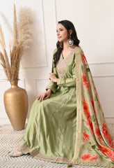 Pista Green Shimmer Silk Embroidered Anarkali Suit- Set of 2