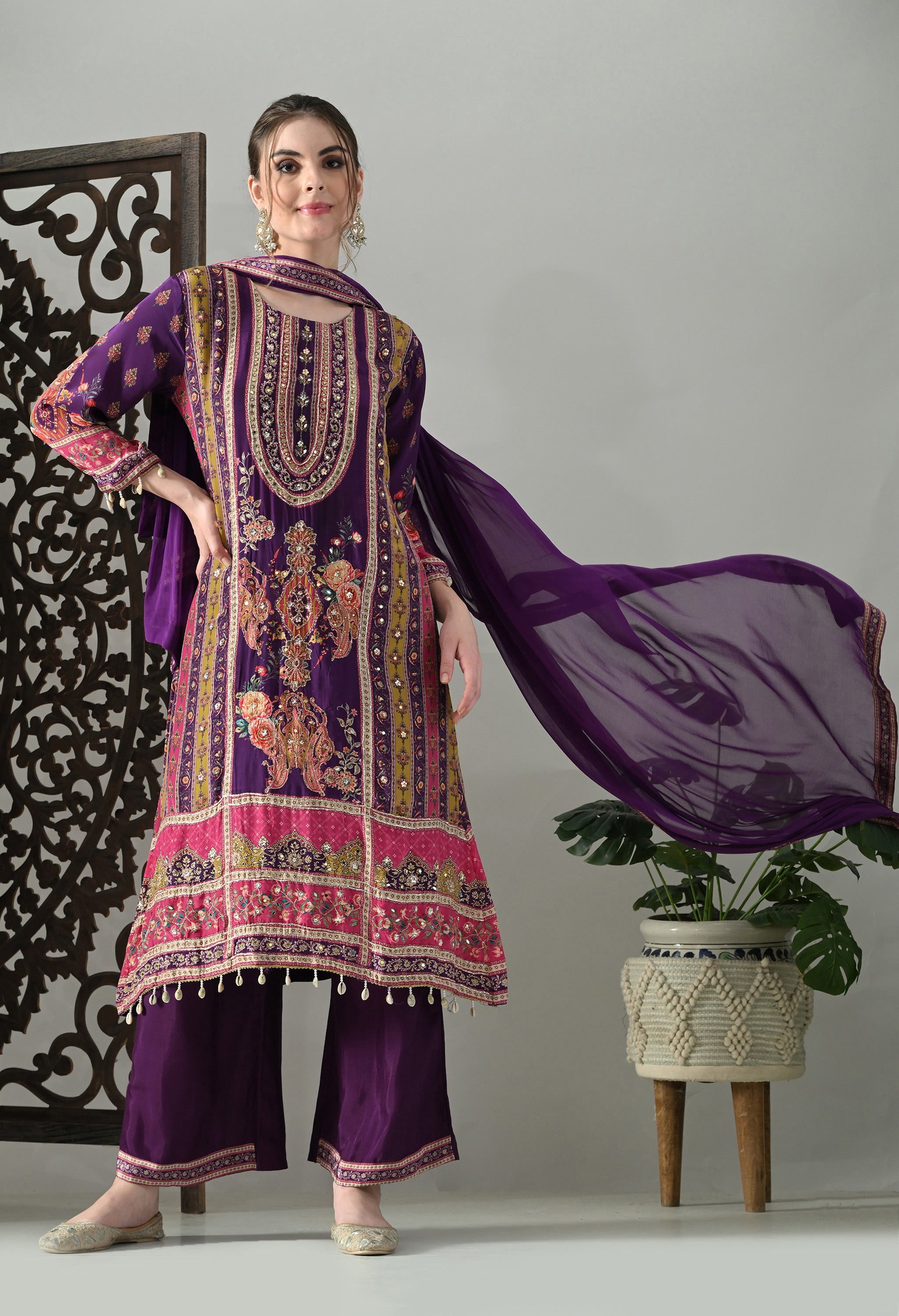 Purple Pure Crepe A-Line Digital Print with Zari Work Detailing Suit - Set of 3