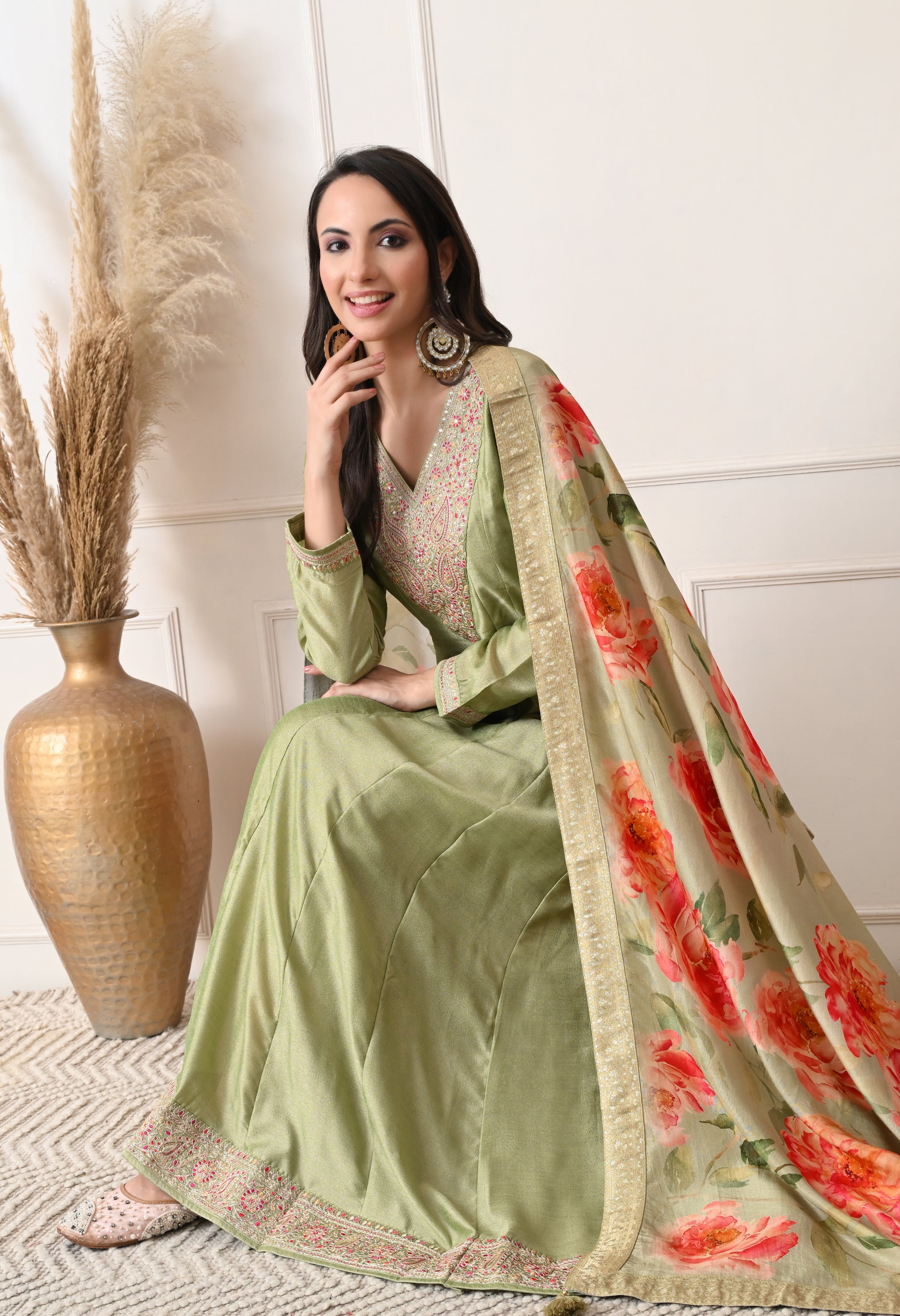 Pista Green Shimmer Silk Embroidered Anarkali Suit- Set of 2