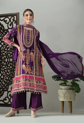 Purple Pure Crepe A-Line Digital Print with Zari Work Detailing Suit - Set of 3