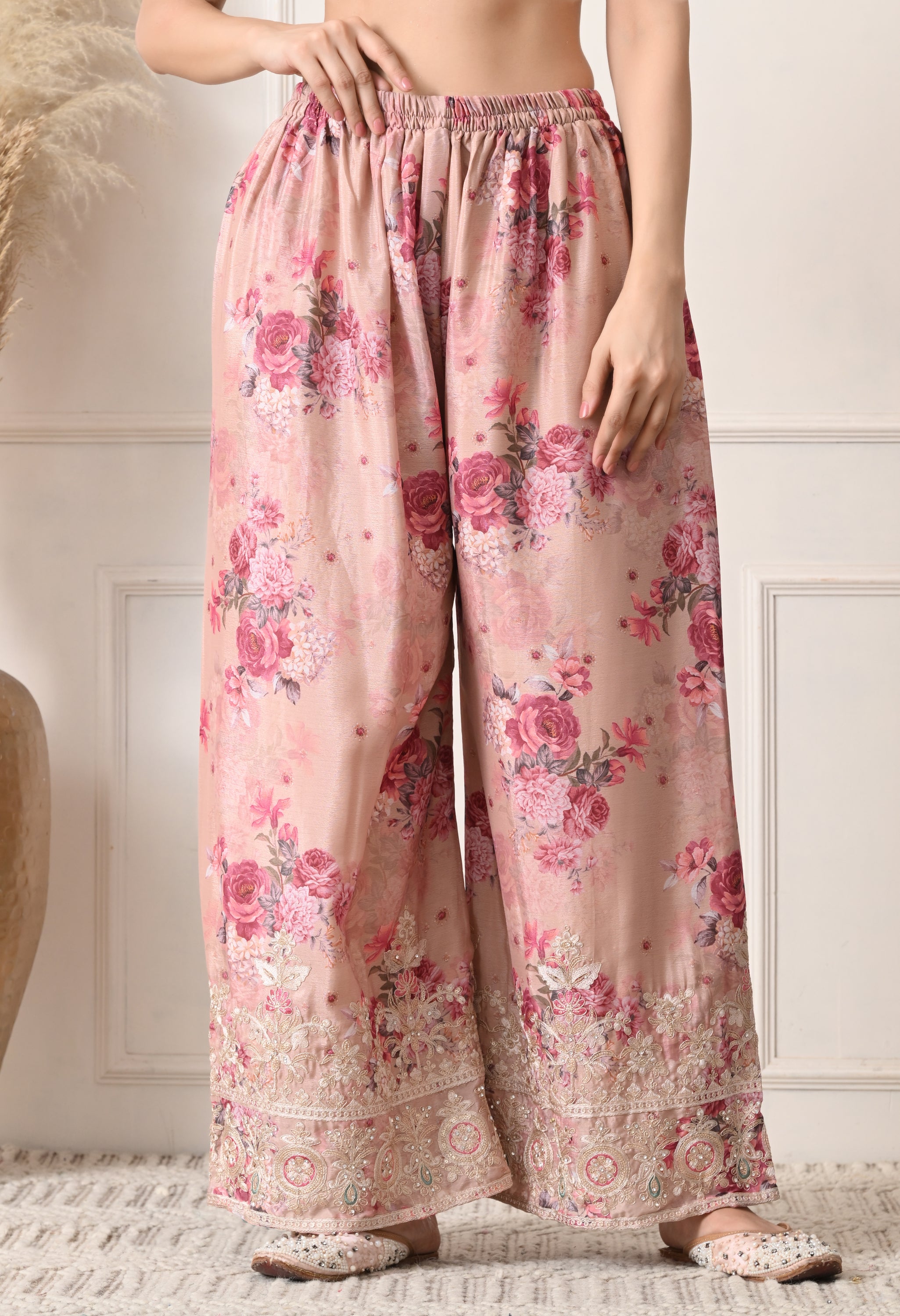 Beige Chinon Zari Work Floral Sharara Suit- Set of 3