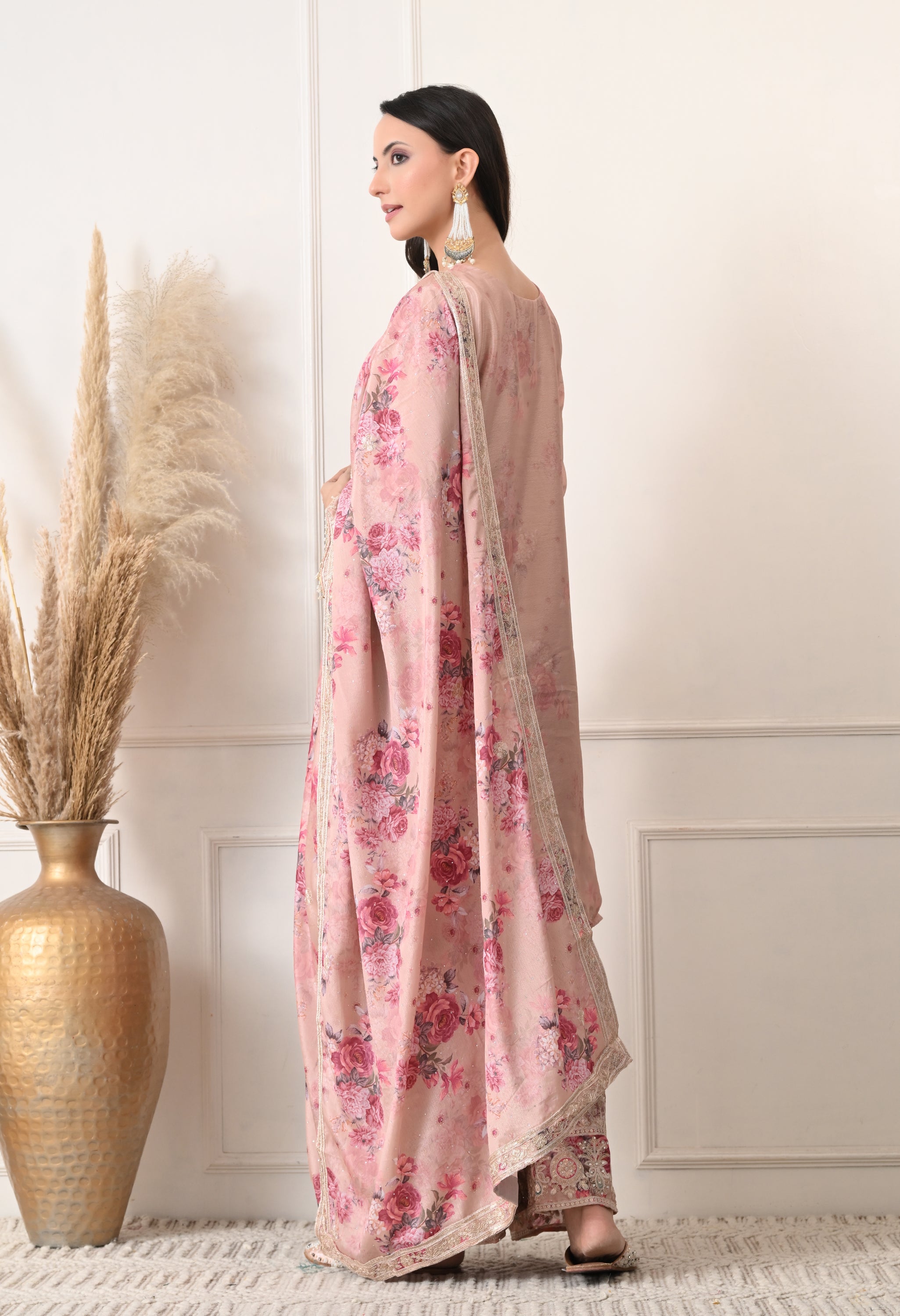 Beige Chinon Zari Work Floral Sharara Suit- Set of 3