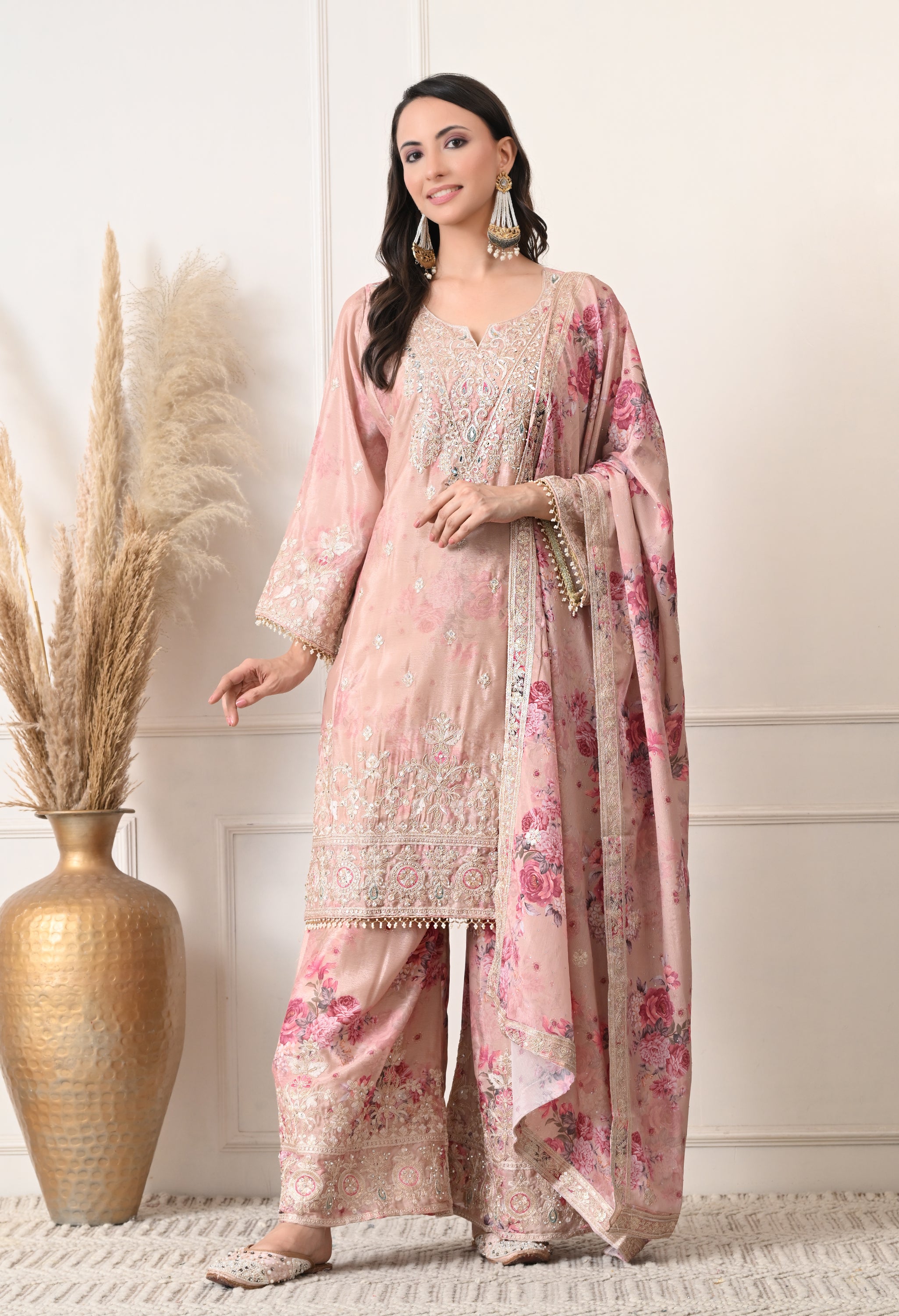 Beige Chinon Zari Work Floral Sharara Suit- Set of 3