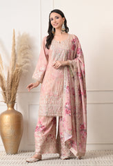 Beige Chinon Zari Work Floral Sharara Suit- Set of 3