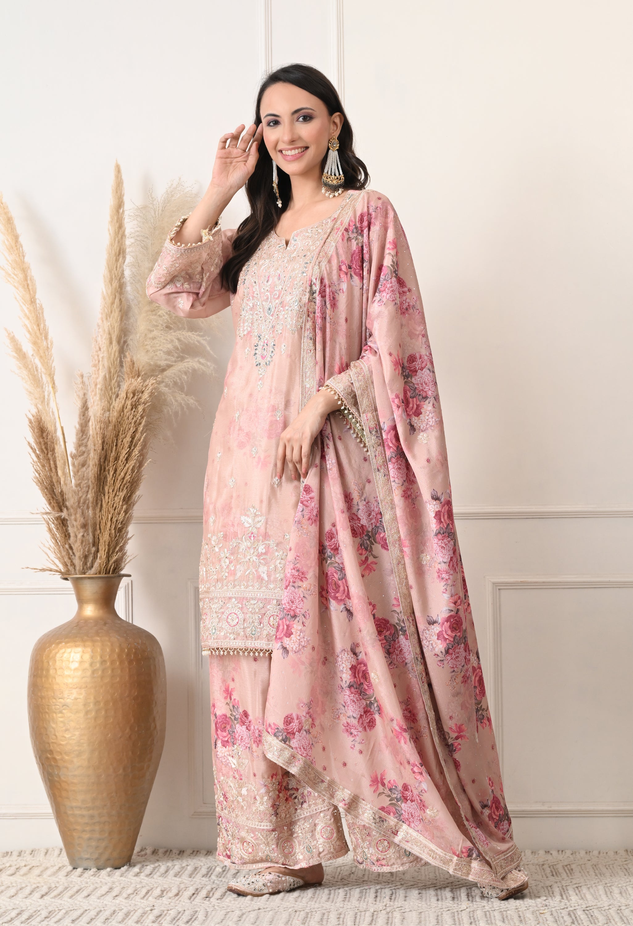 Beige Chinon Zari Work Floral Sharara Suit- Set of 3