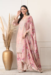 Beige Chinon Zari Work Floral Sharara Suit- Set of 3