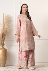 Beige Chinon Zari Work Floral Sharara Suit- Set of 3