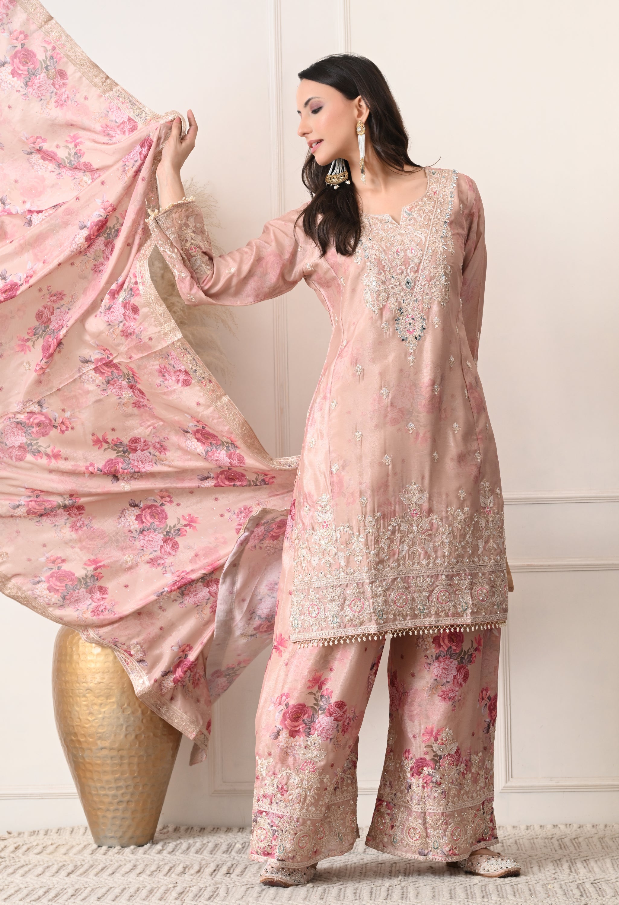 Beige Chinon Zari Work Floral Sharara Suit- Set of 3