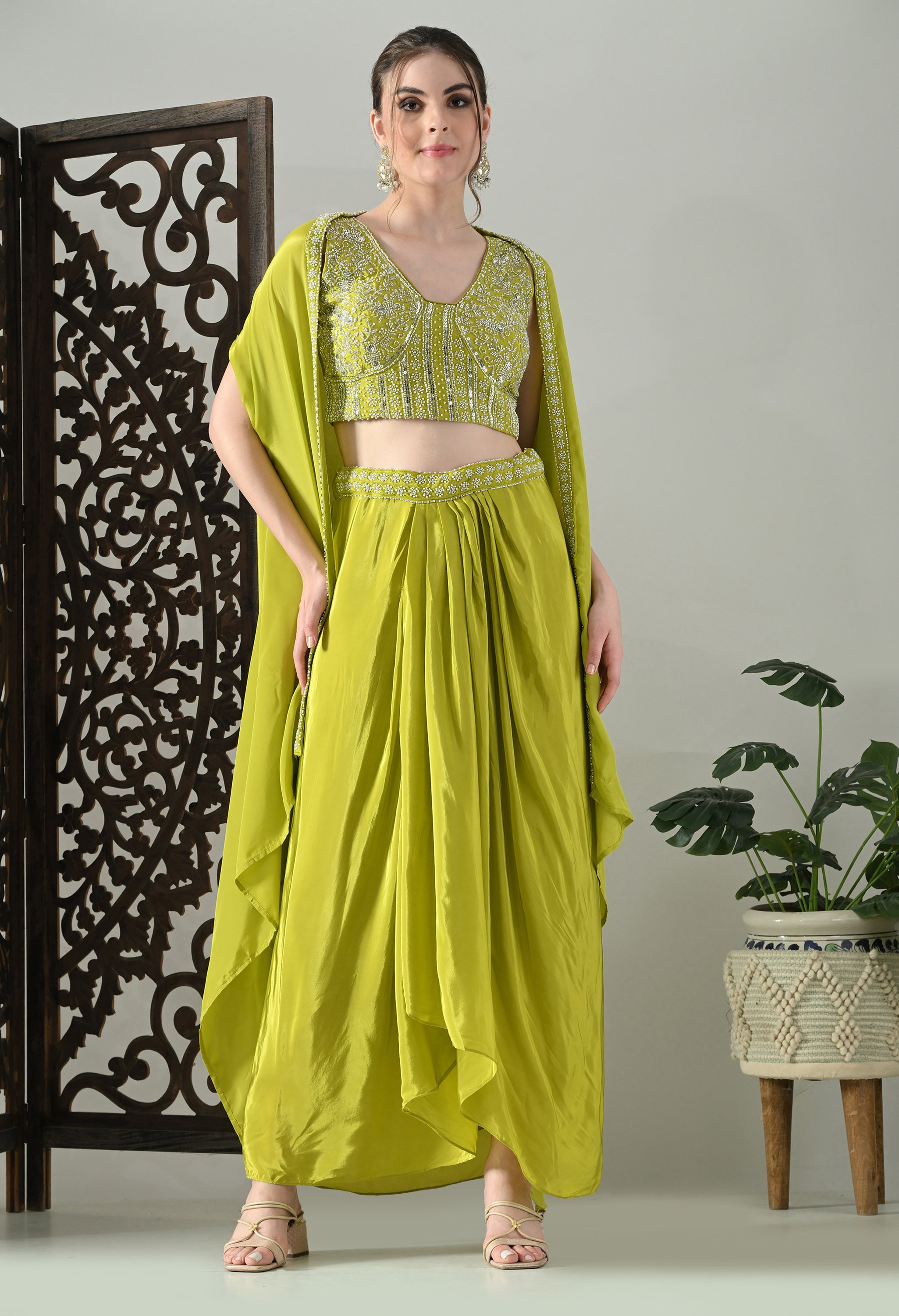 Lime-Green Indo-Western Cape Outfit- Set of 3