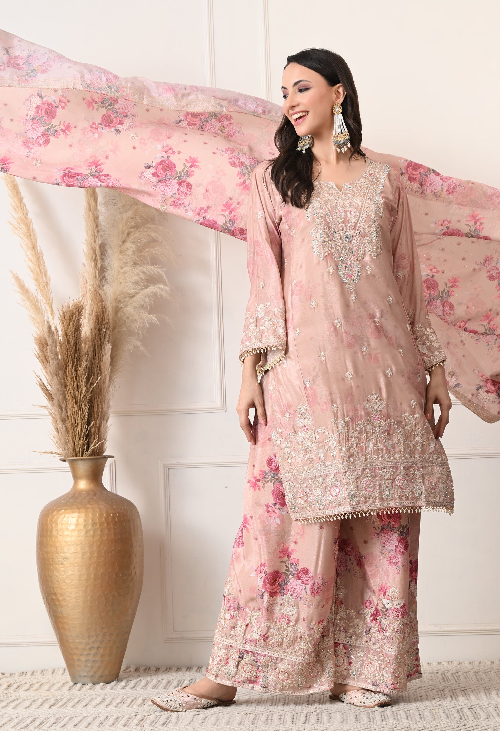 Beige Chinon Zari Work Floral Sharara Suit- Set of 3