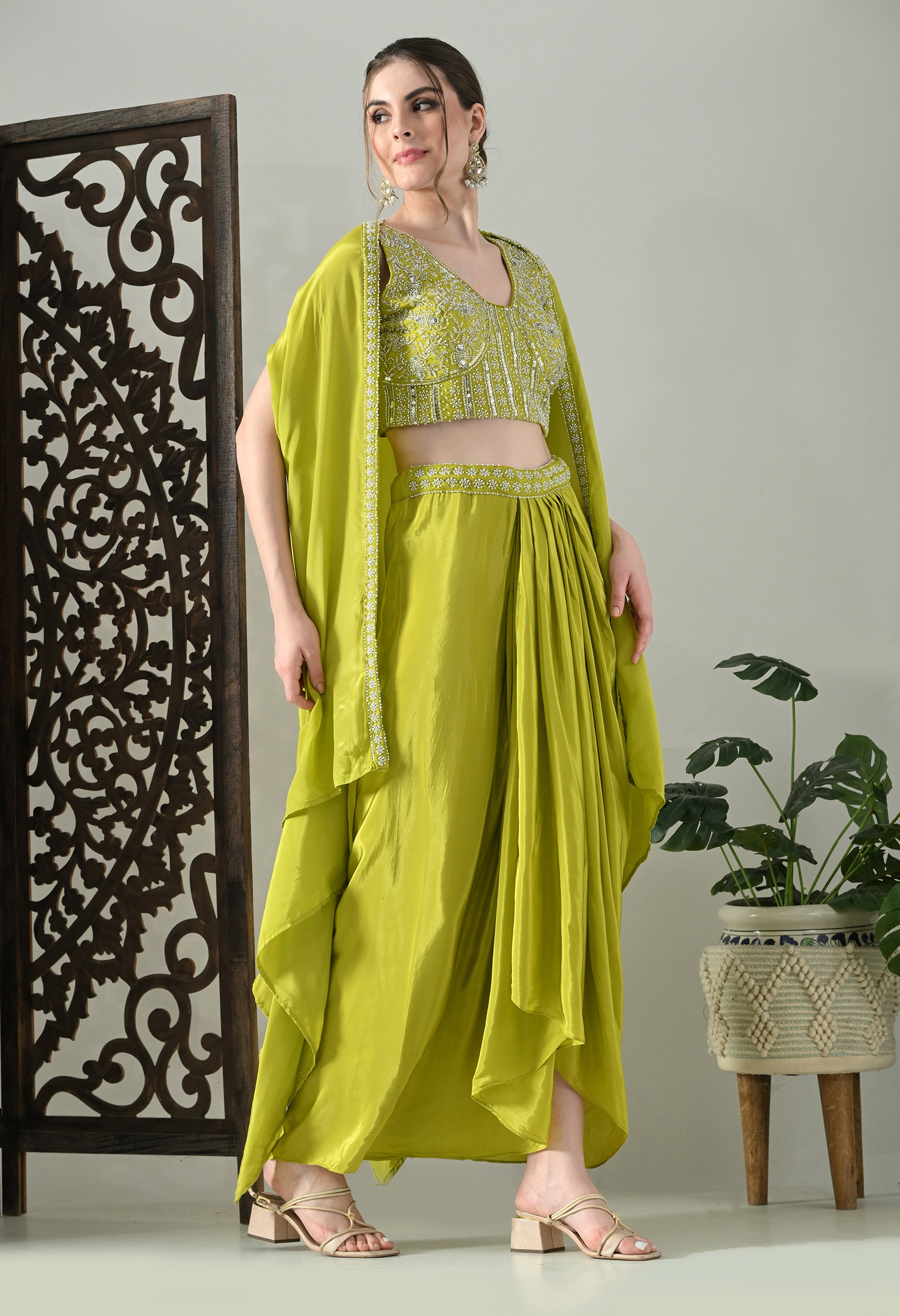 Lime-Green Indo-Western Cape Outfit- Set of 3