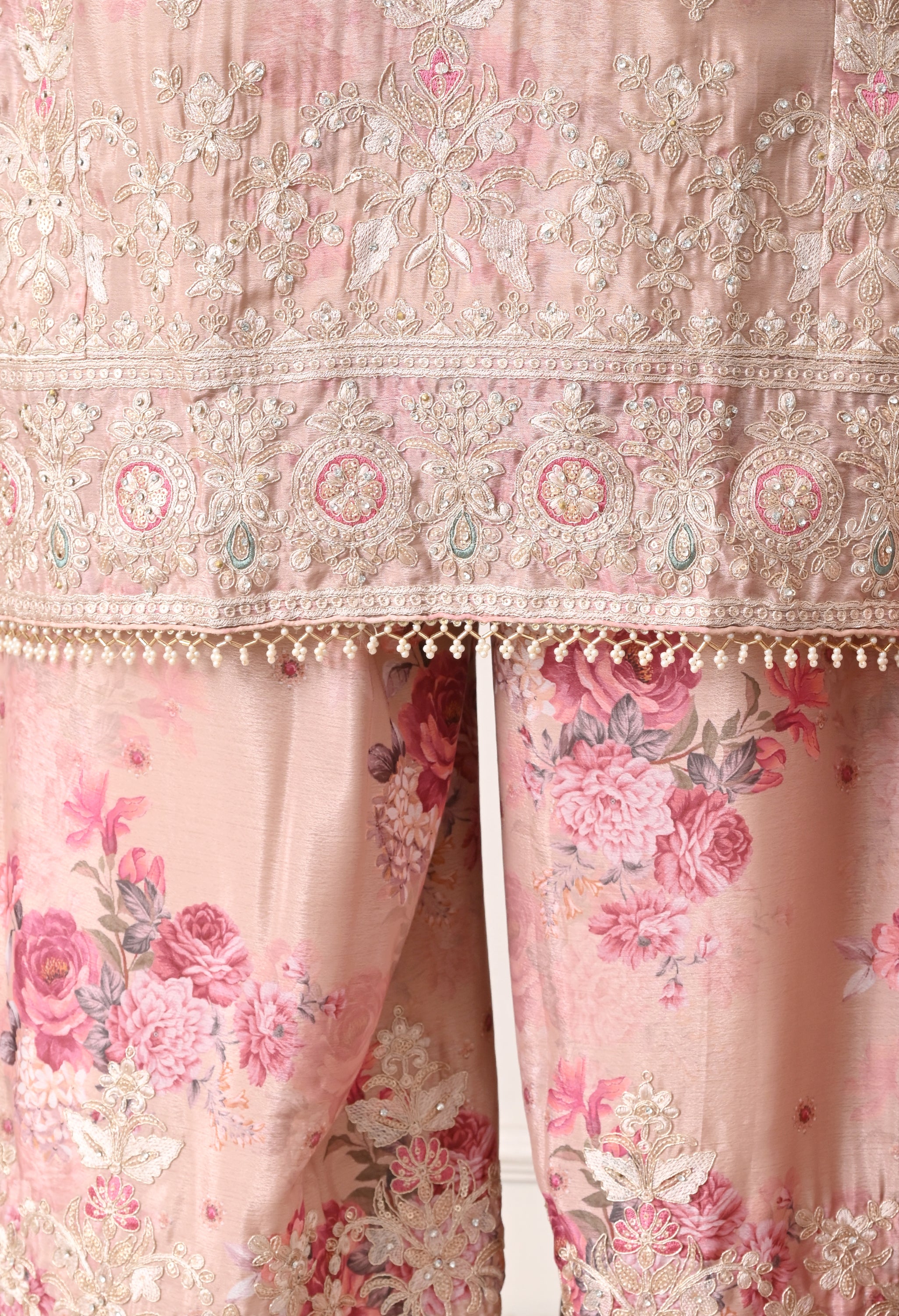 Beige Chinon Zari Work Floral Sharara Suit- Set of 3