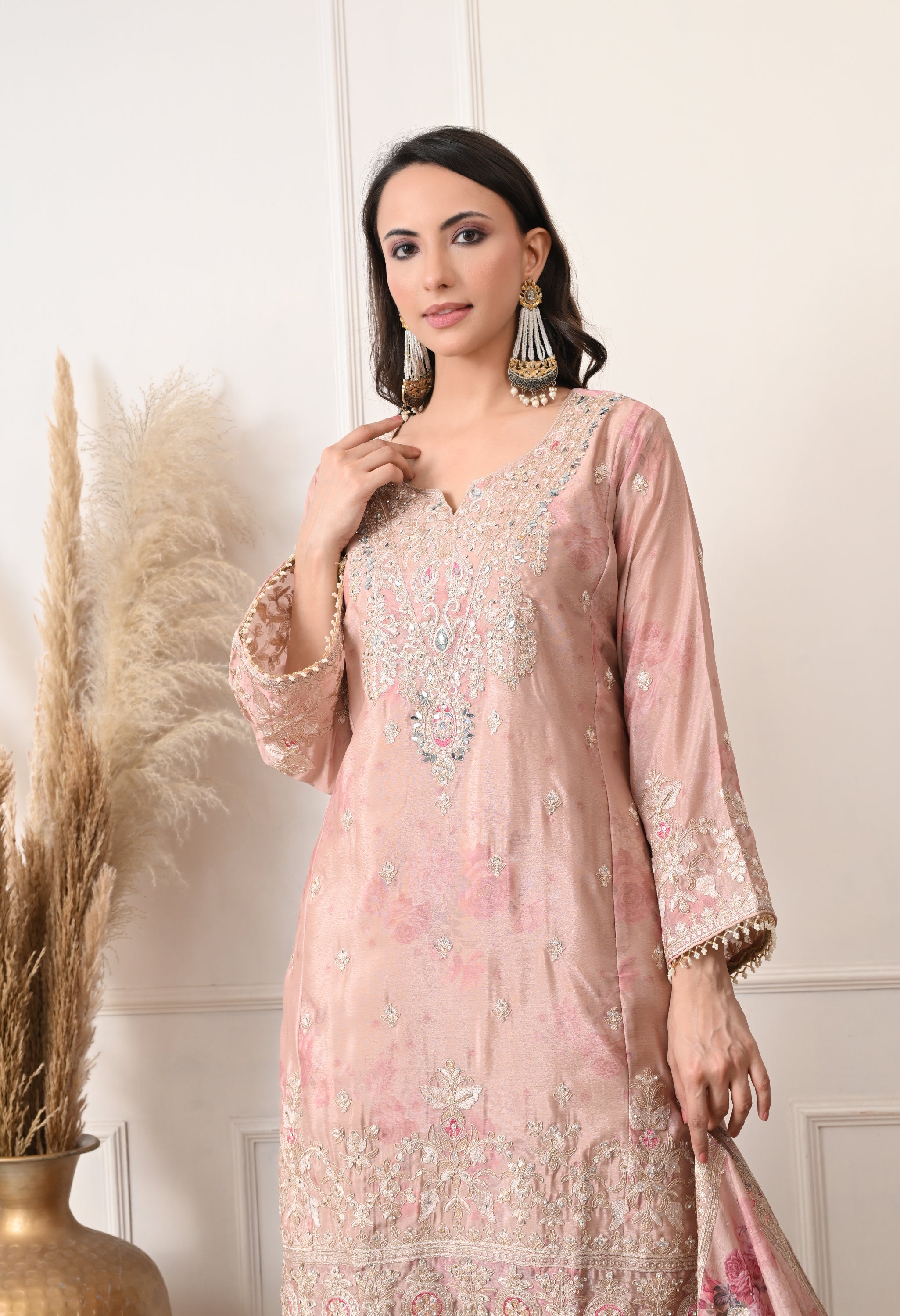 Beige Chinon Zari Work Floral Sharara Suit- Set of 3