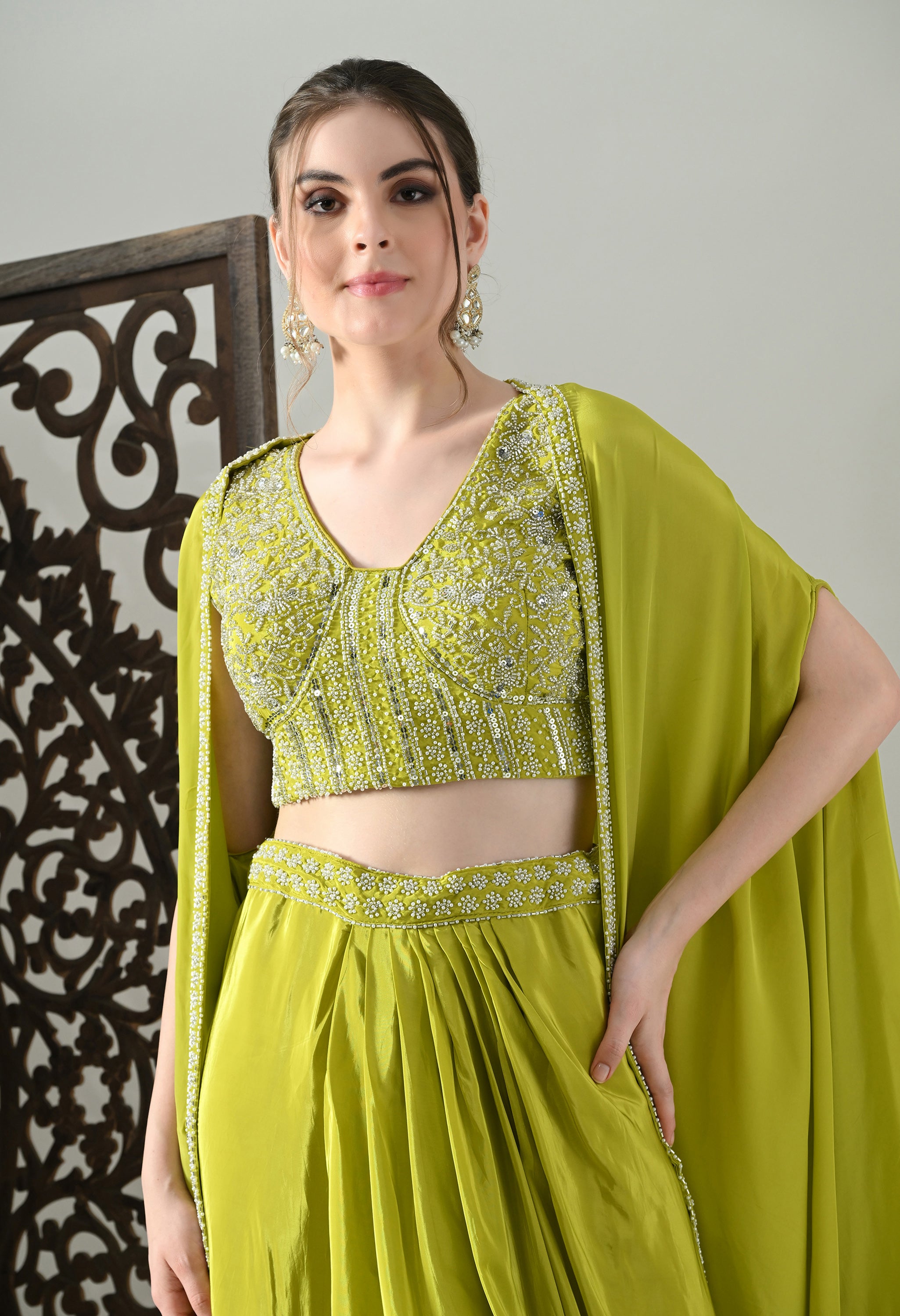 Lime-Green Indo-Western Cape Outfit- Set of 3