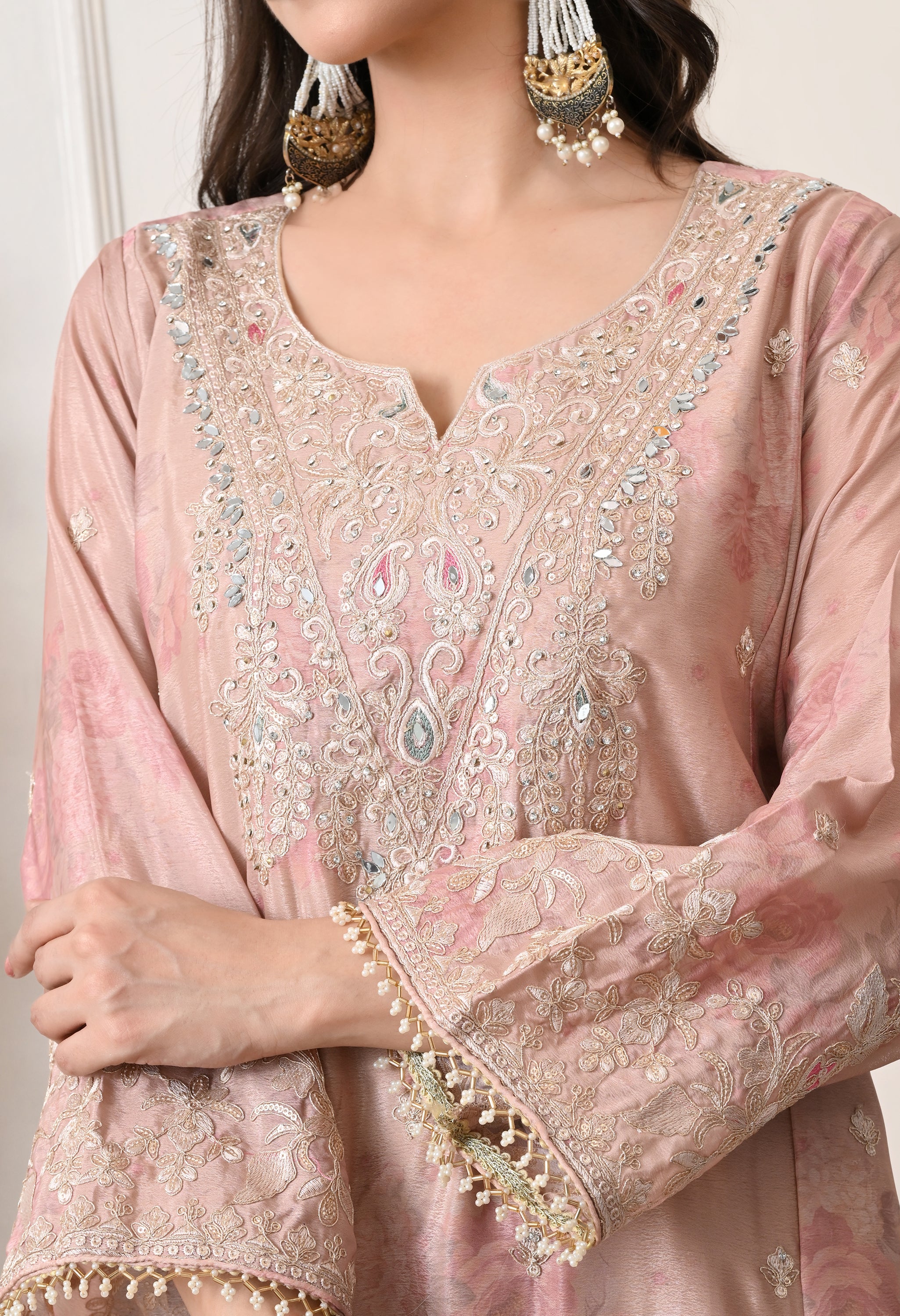 Beige Chinon Zari Work Floral Sharara Suit- Set of 3