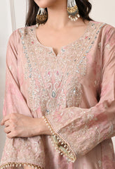Beige Chinon Zari Work Floral Sharara Suit- Set of 3