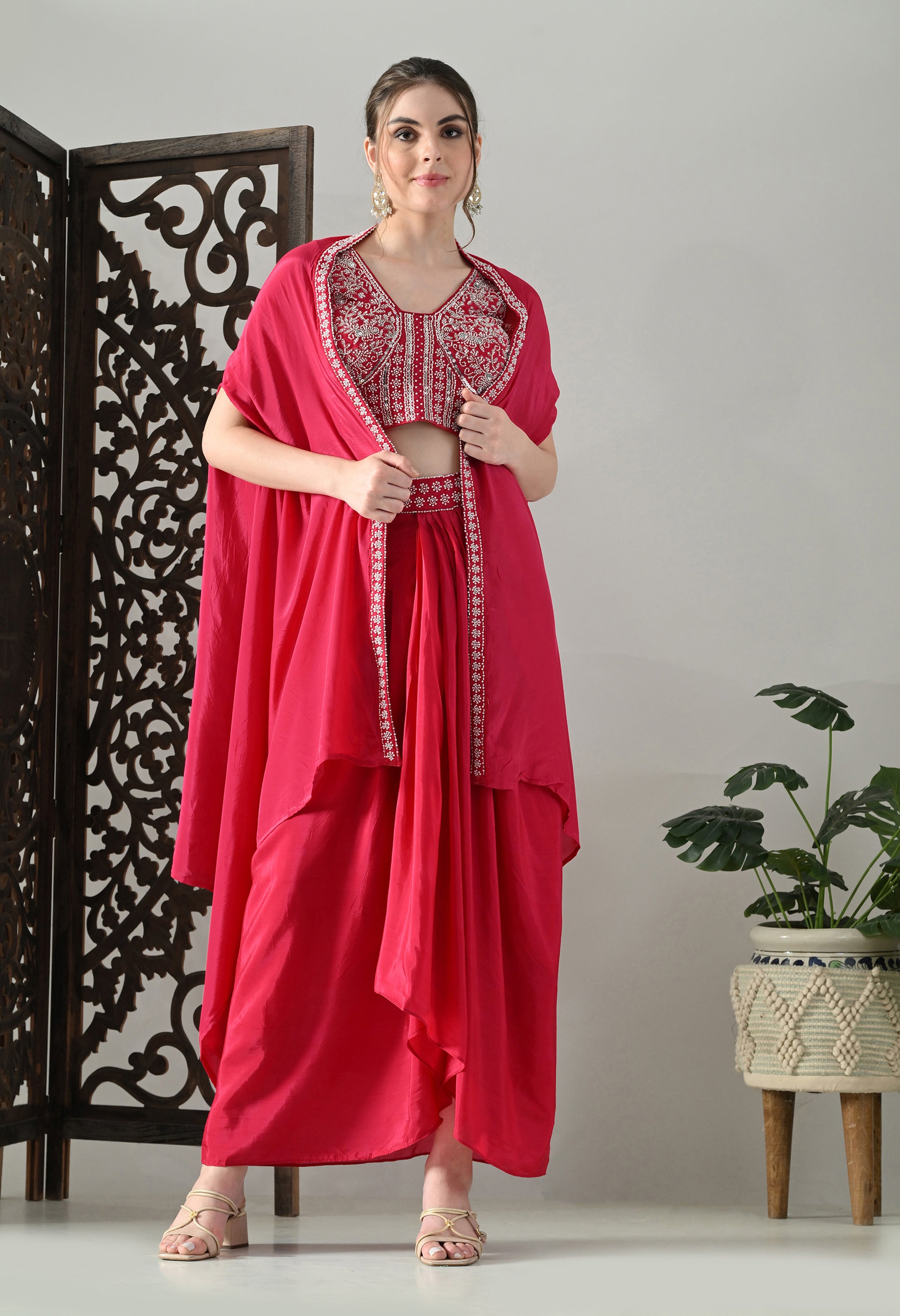Fuchsia-Pink Indo-Western Cape Outfit- Set of 3