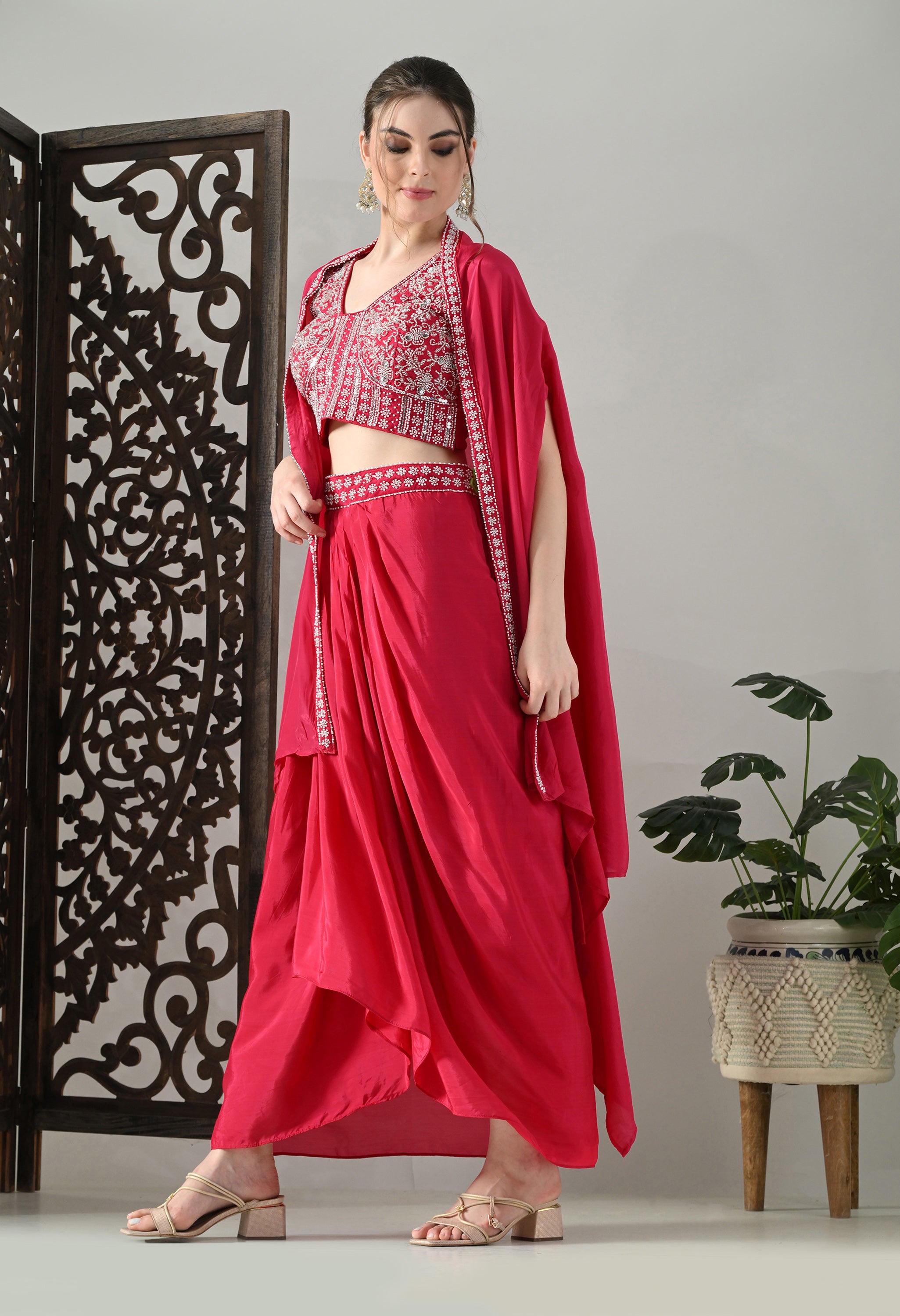 Fuchsia-Pink Indo-Western Cape Outfit- Set of 3