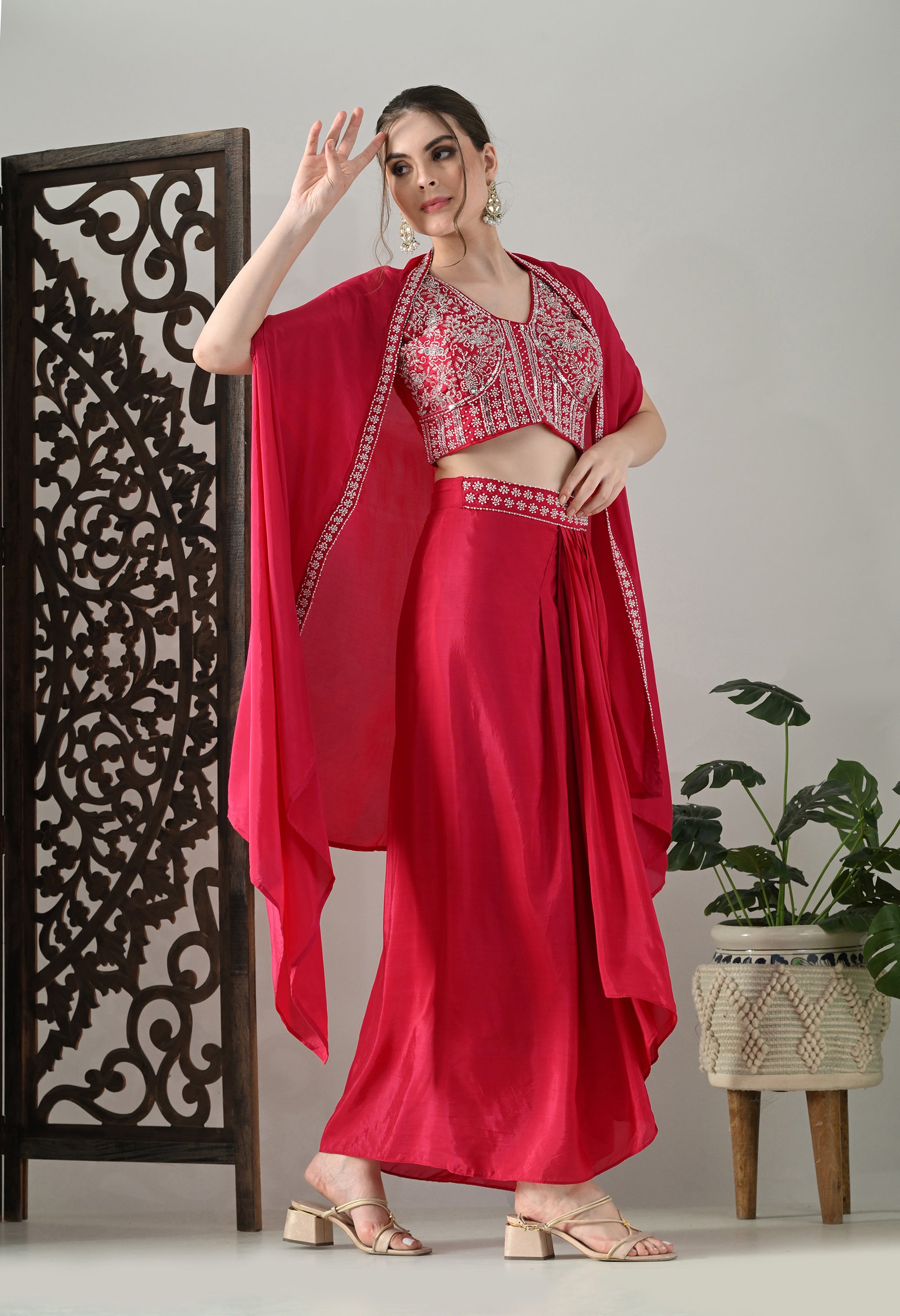 Fuchsia-Pink Indo-Western Cape Outfit- Set of 3