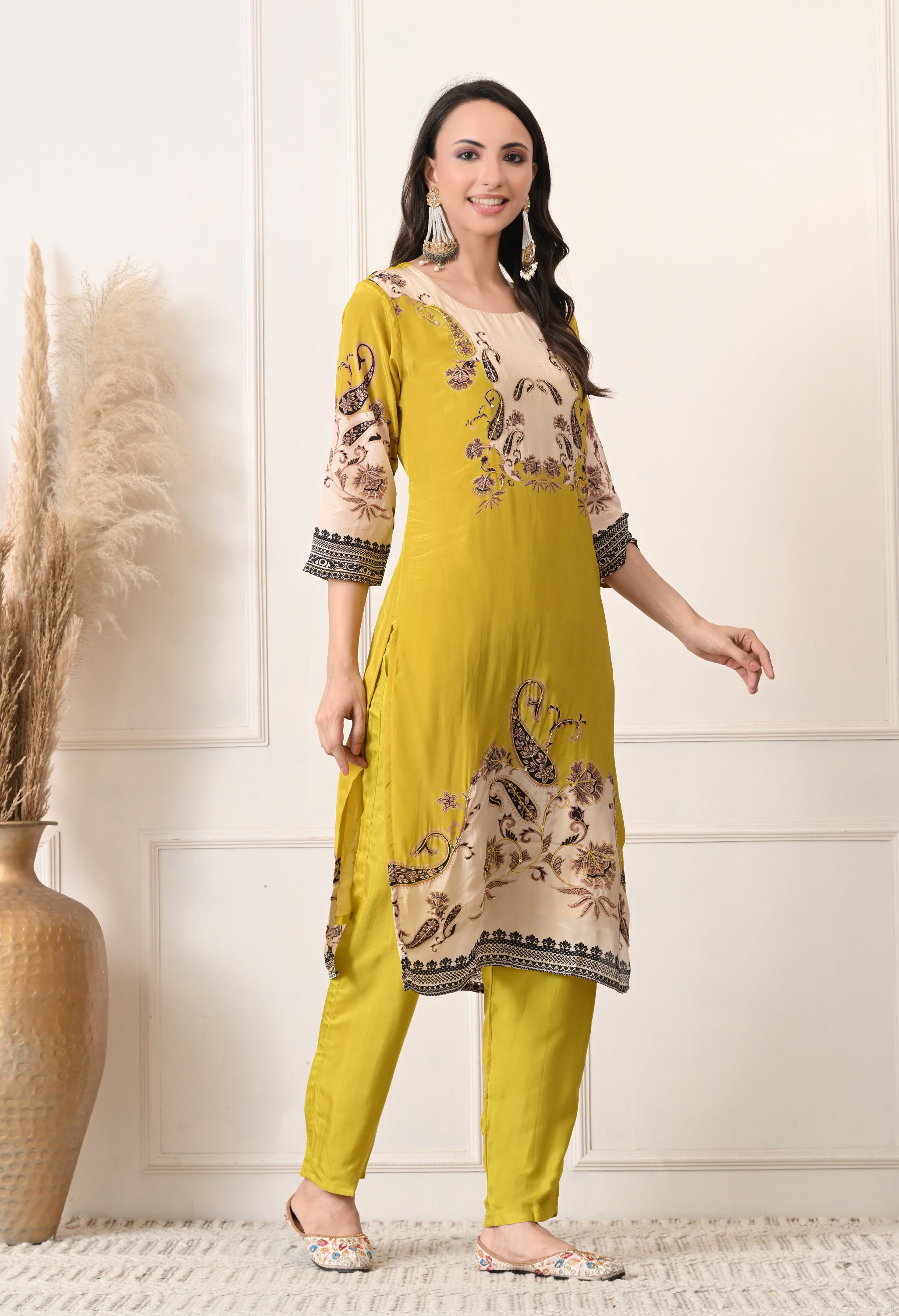 Lime Green Crepe Digital Print Hand Embroidered Suit - Set of 3