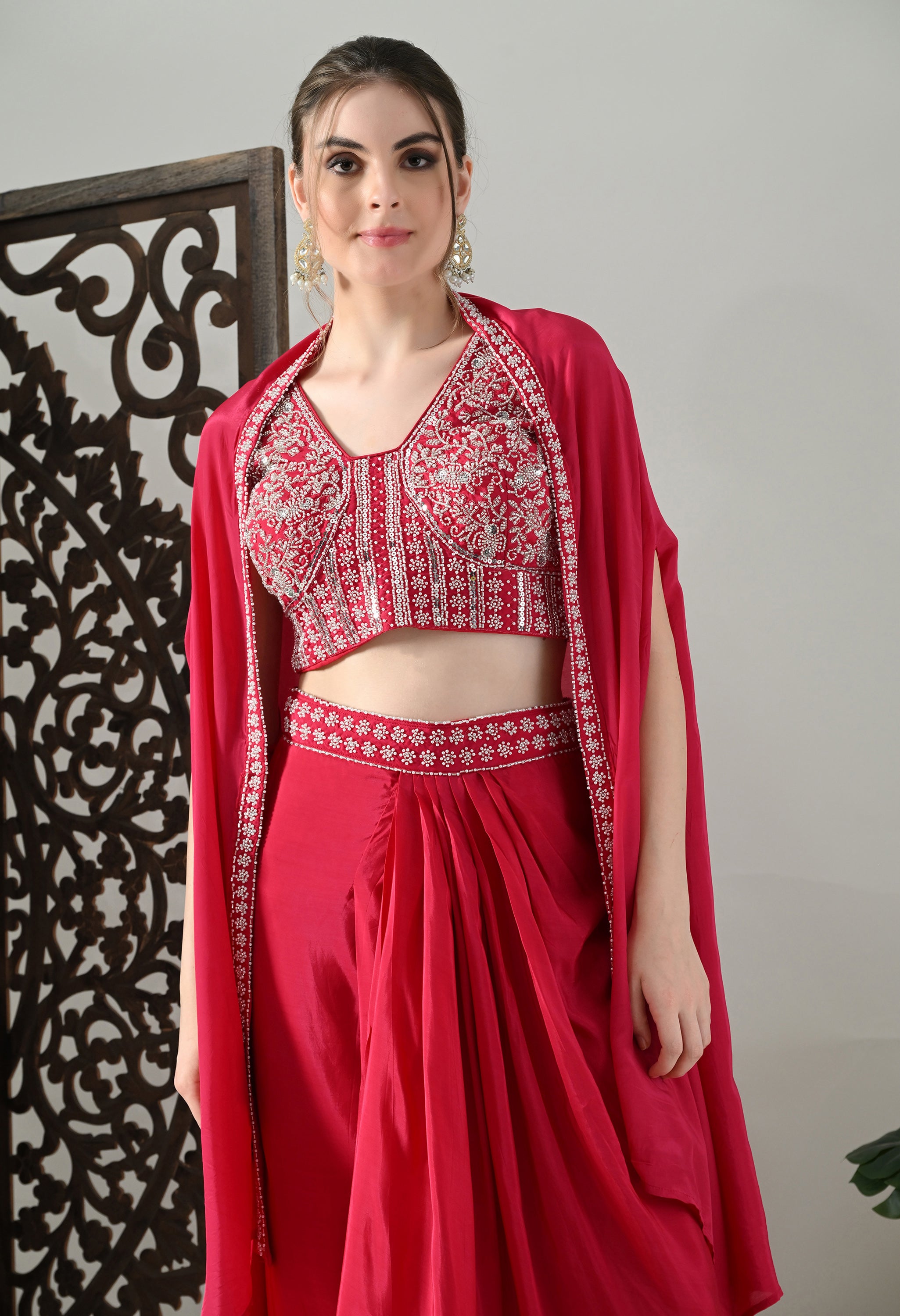 Fuchsia-Pink Indo-Western Cape Outfit- Set of 3
