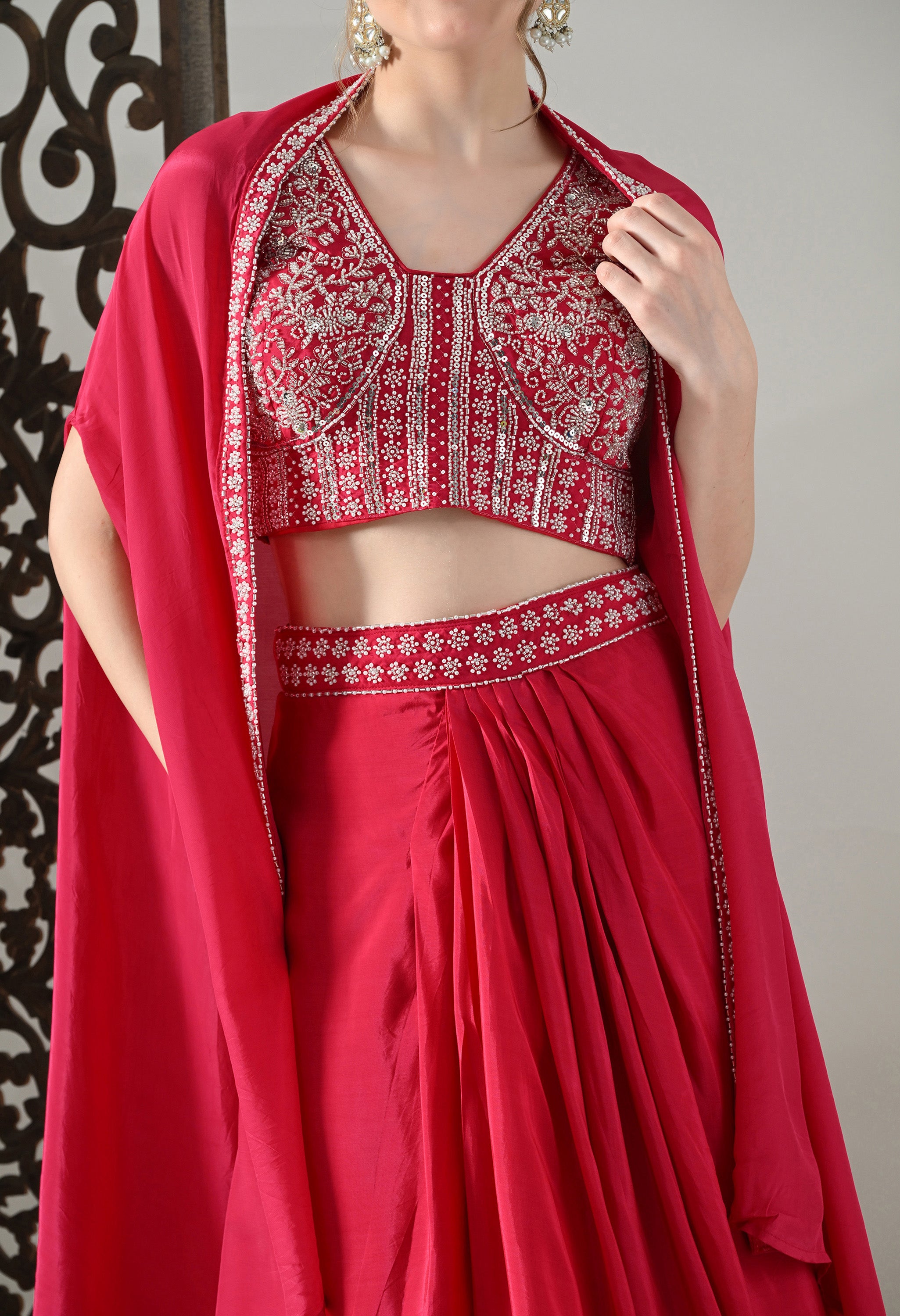 Fuchsia-Pink Indo-Western Cape Outfit- Set of 3