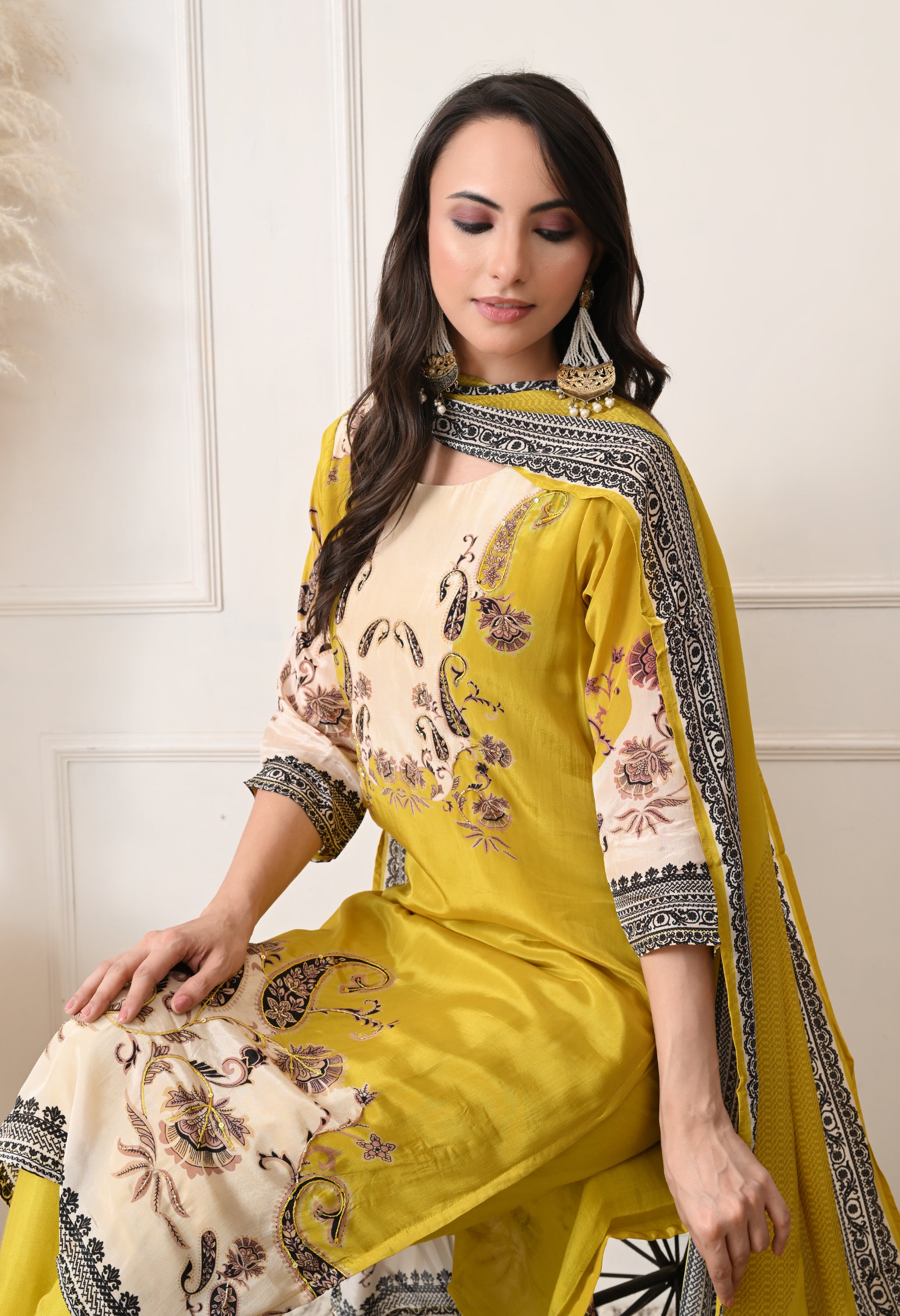 Lime Green Crepe Digital Print Hand Embroidered Suit - Set of 3