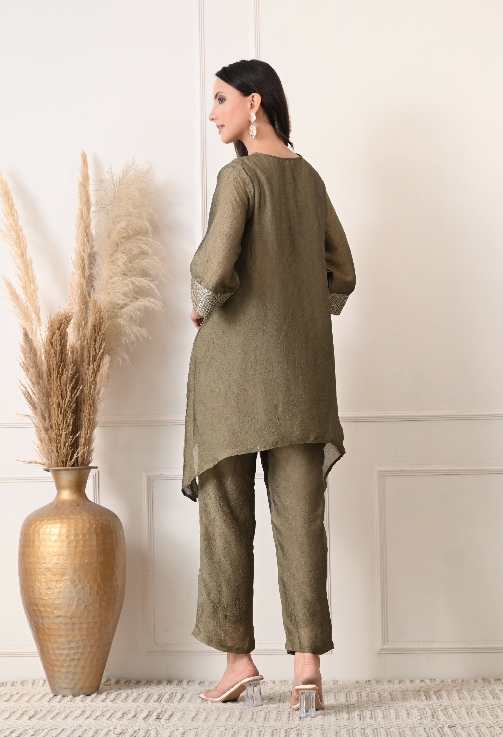 Olive Green Crush Silk Sequin Work Co-ord Set- Set of 2