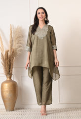 Olive Green Crush Silk Sequin Work Co-ord Set- Set of 2